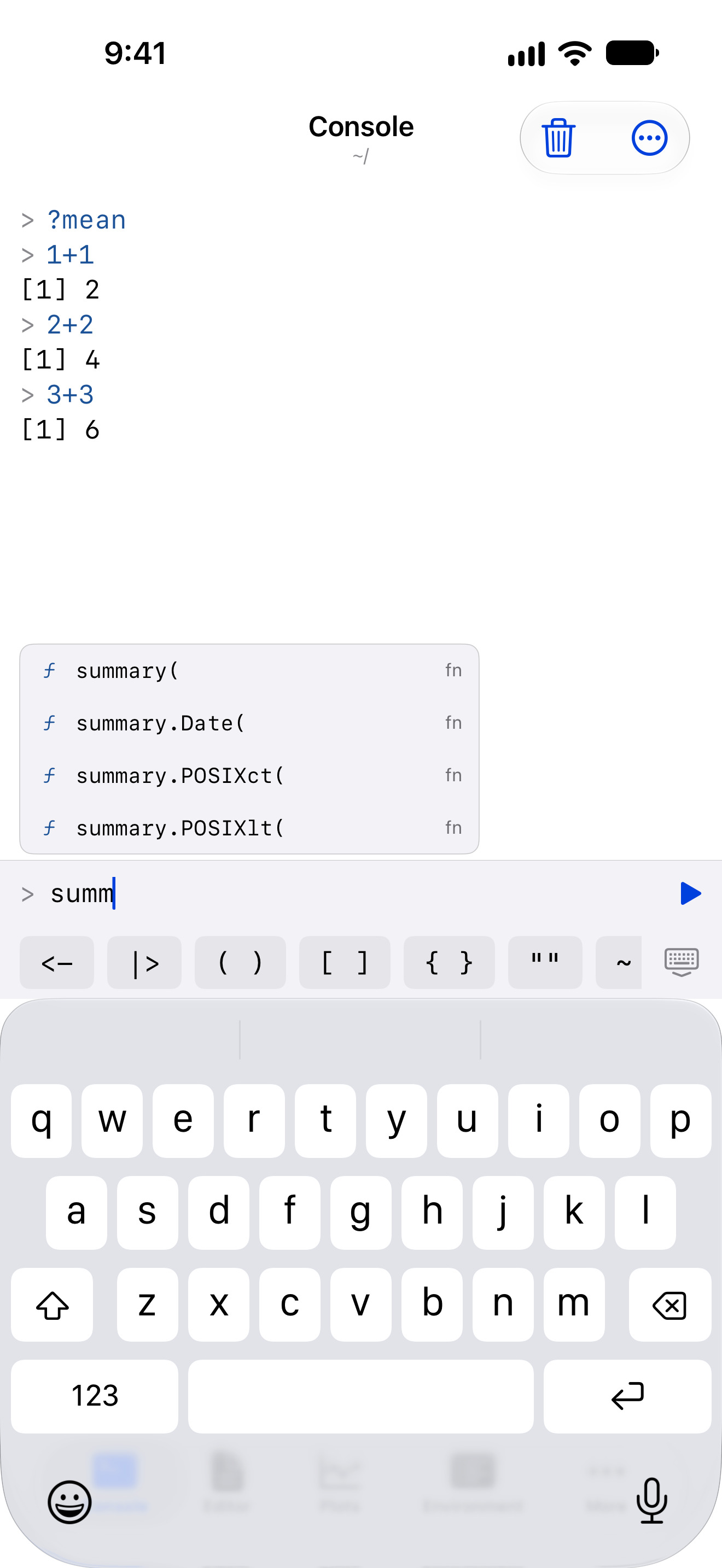 Code completion suggestions in the console on iPhone