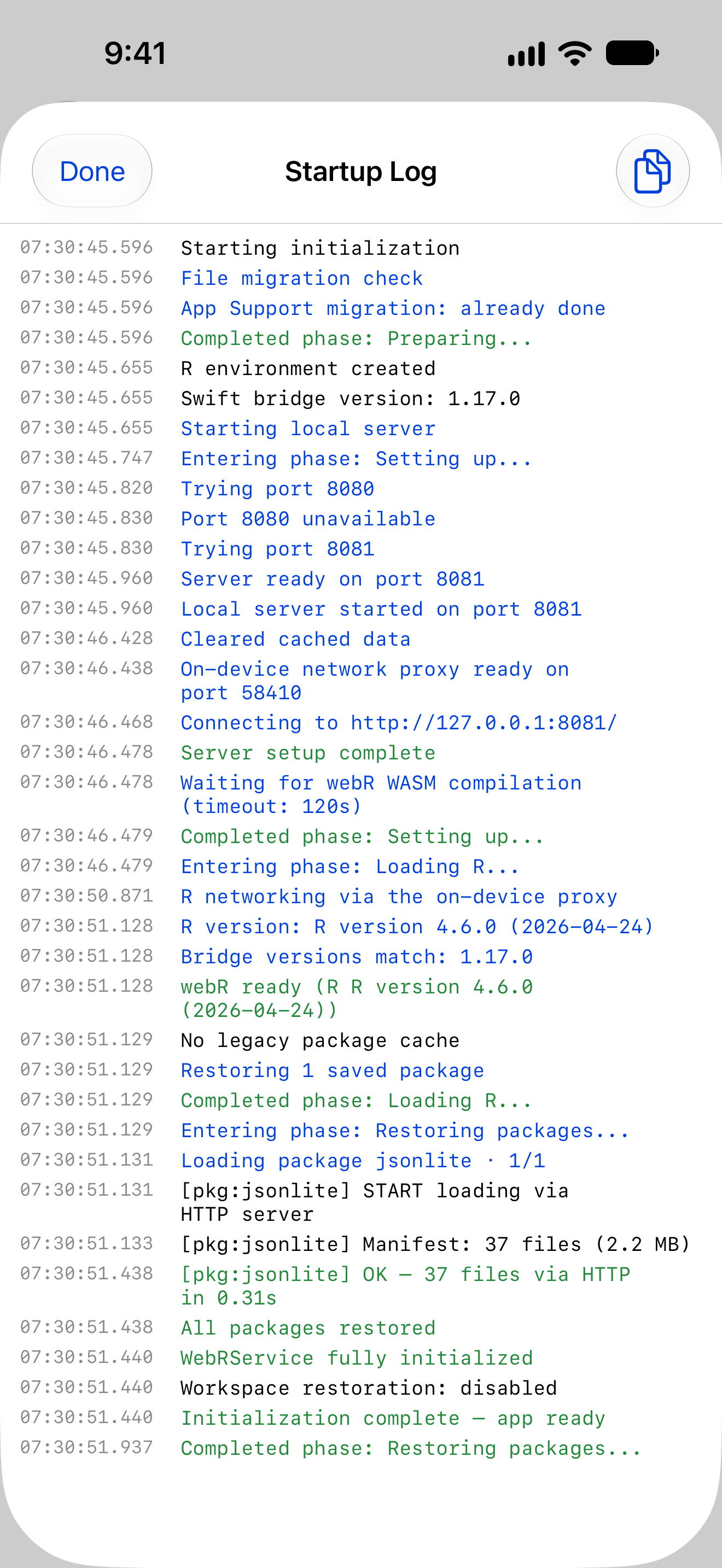 Startup log showing initialisation stages on iPhone
