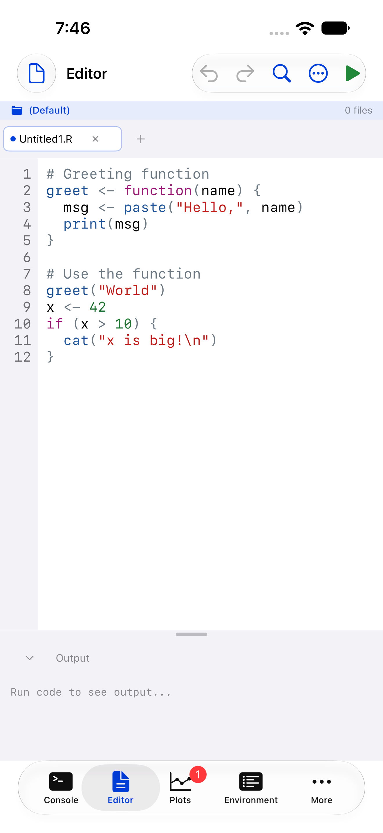 The Editor tab active, with a script open on iPhone