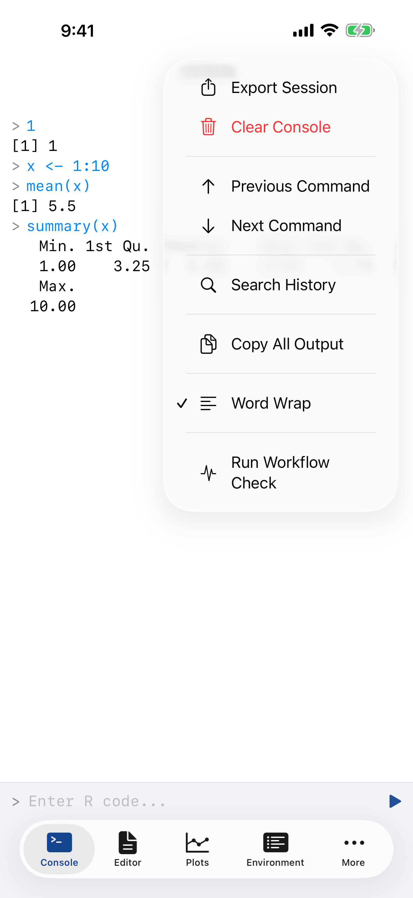 Console menu showing Clear Console on iPhone