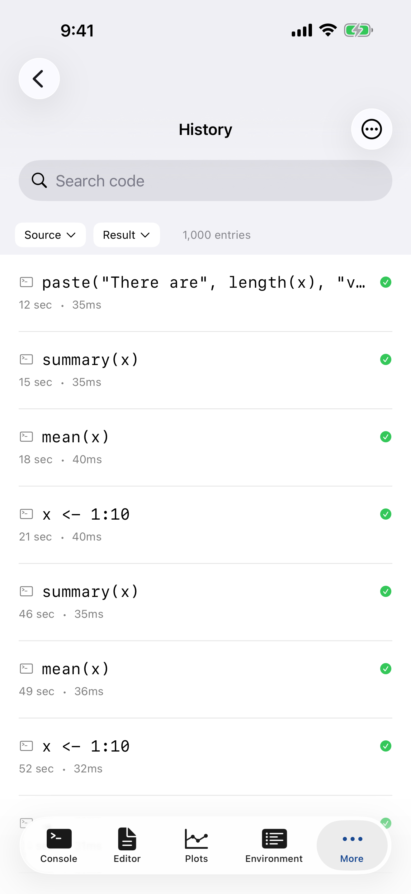 Execution history tab on iPhone showing timestamped commands with success/failure badges