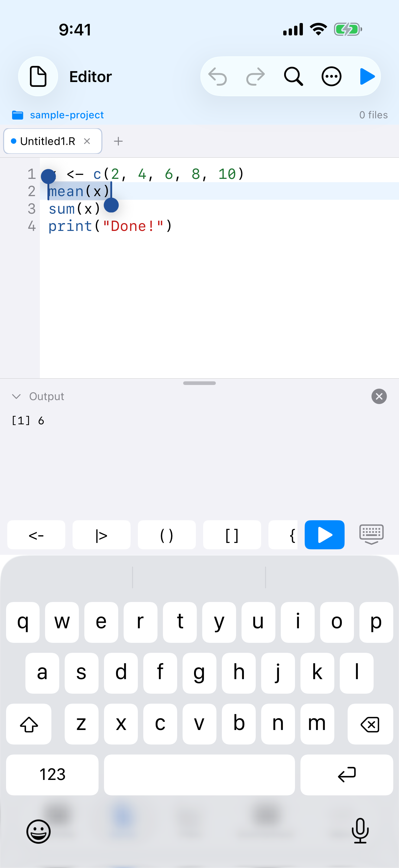 Run selection with blue play button on iPhone