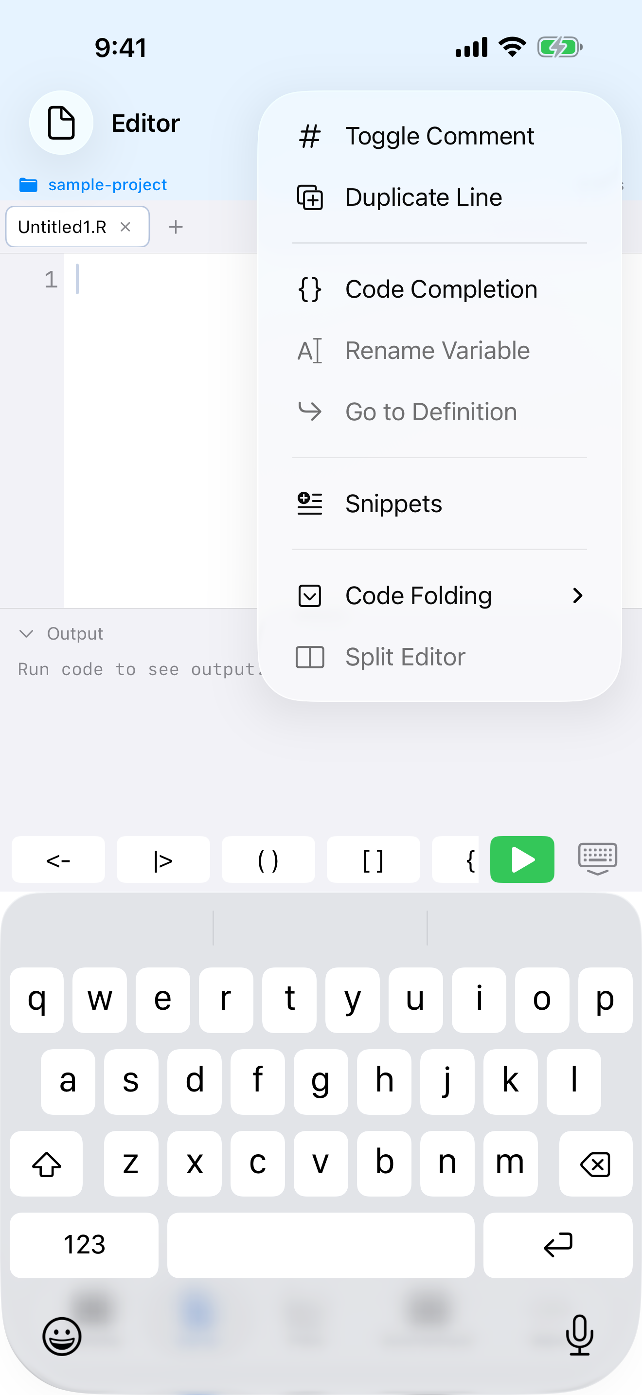Editor actions menu showing Snippets on iPhone