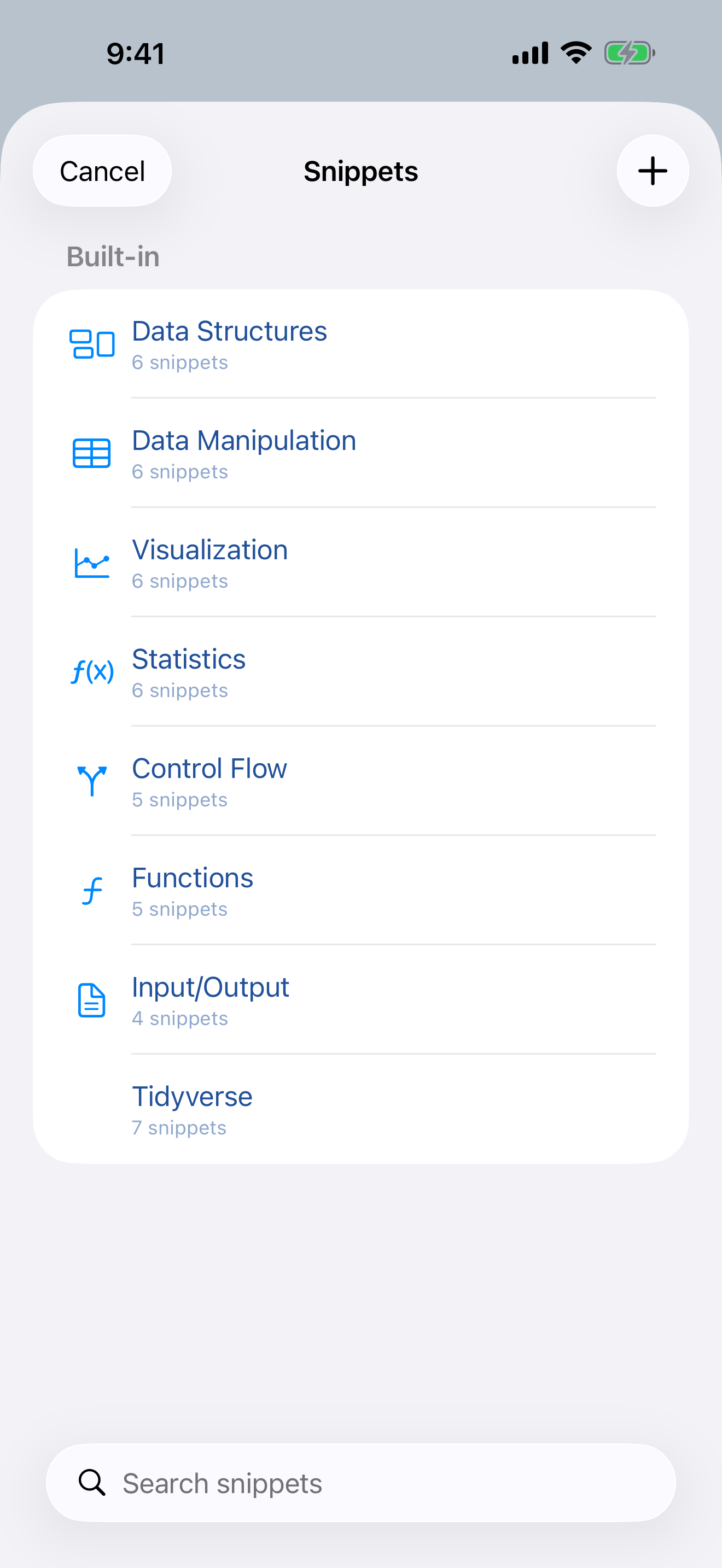 Snippets categories on iPhone