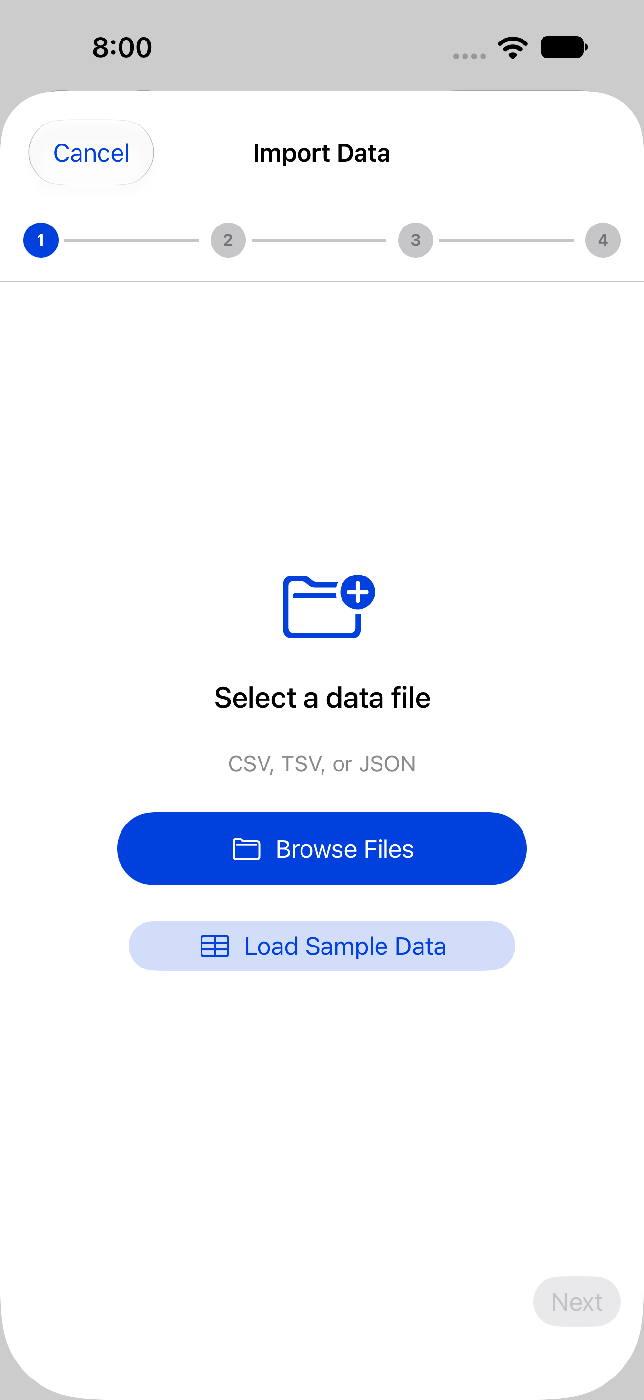 Data Import Wizard step 1 with Browse Files and Load Sample Data on iPhone