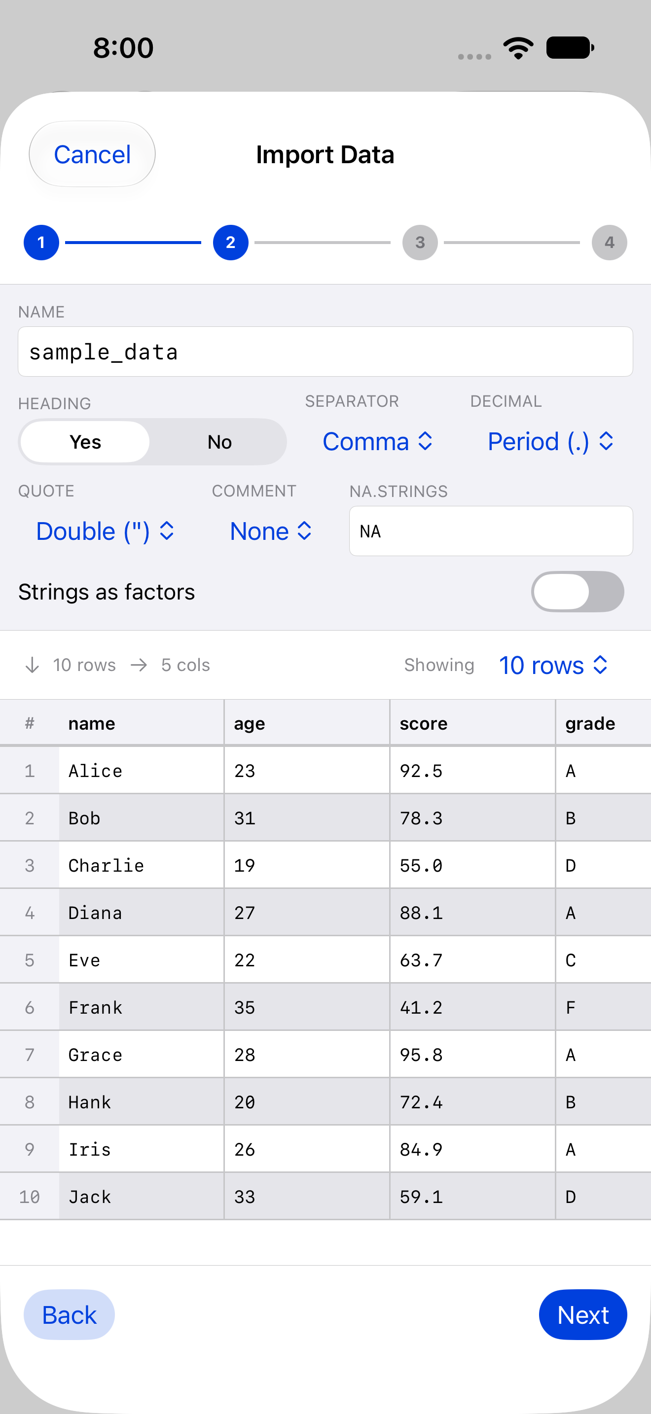 Wizard parsing options with live data preview on iPhone