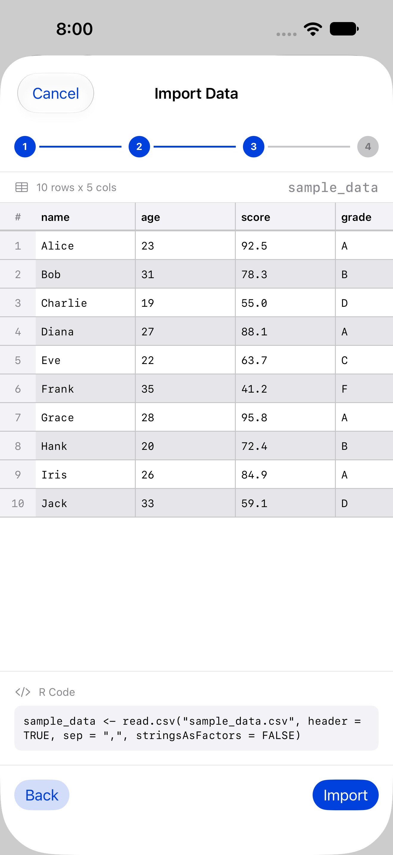 Wizard review step showing the generated read.csv call on iPhone