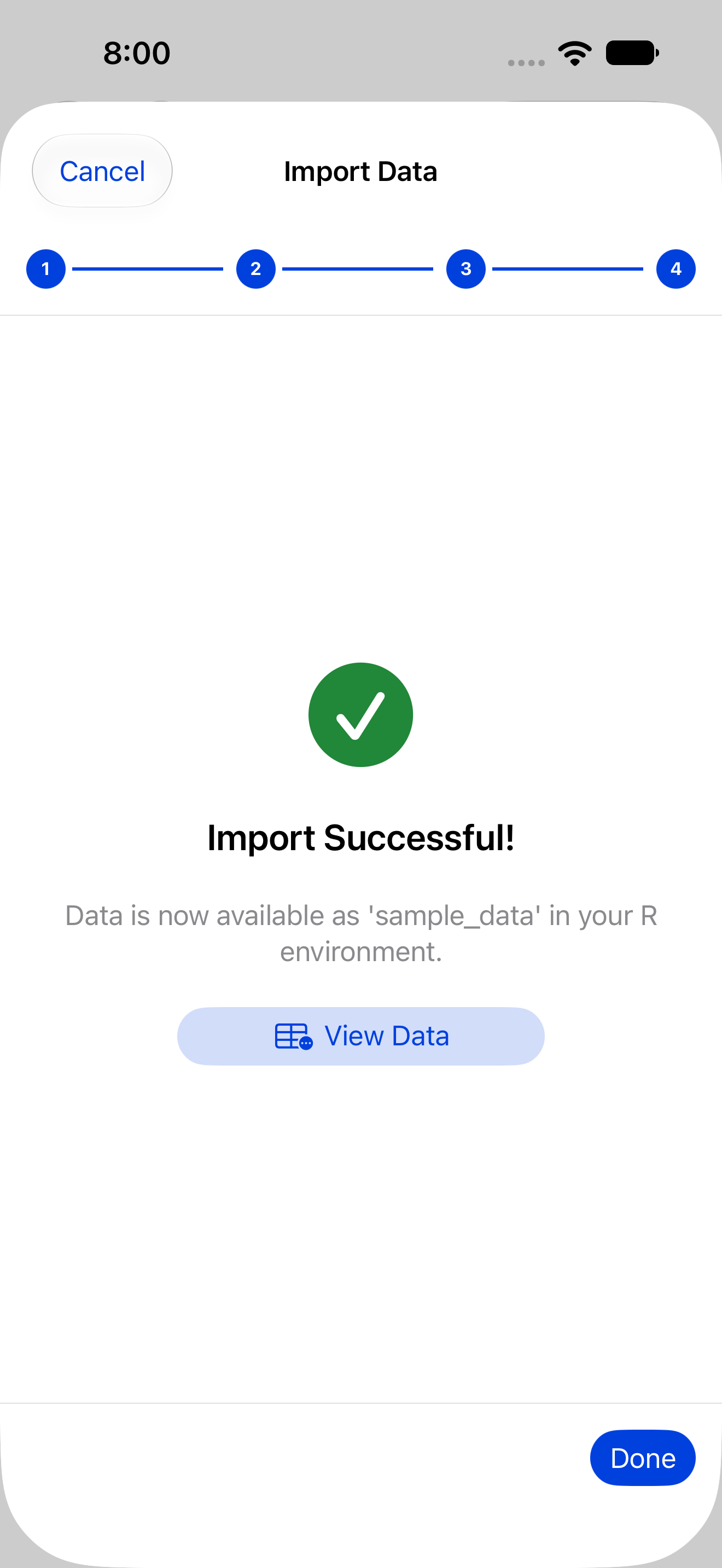 Wizard import success with the View Data button on iPhone