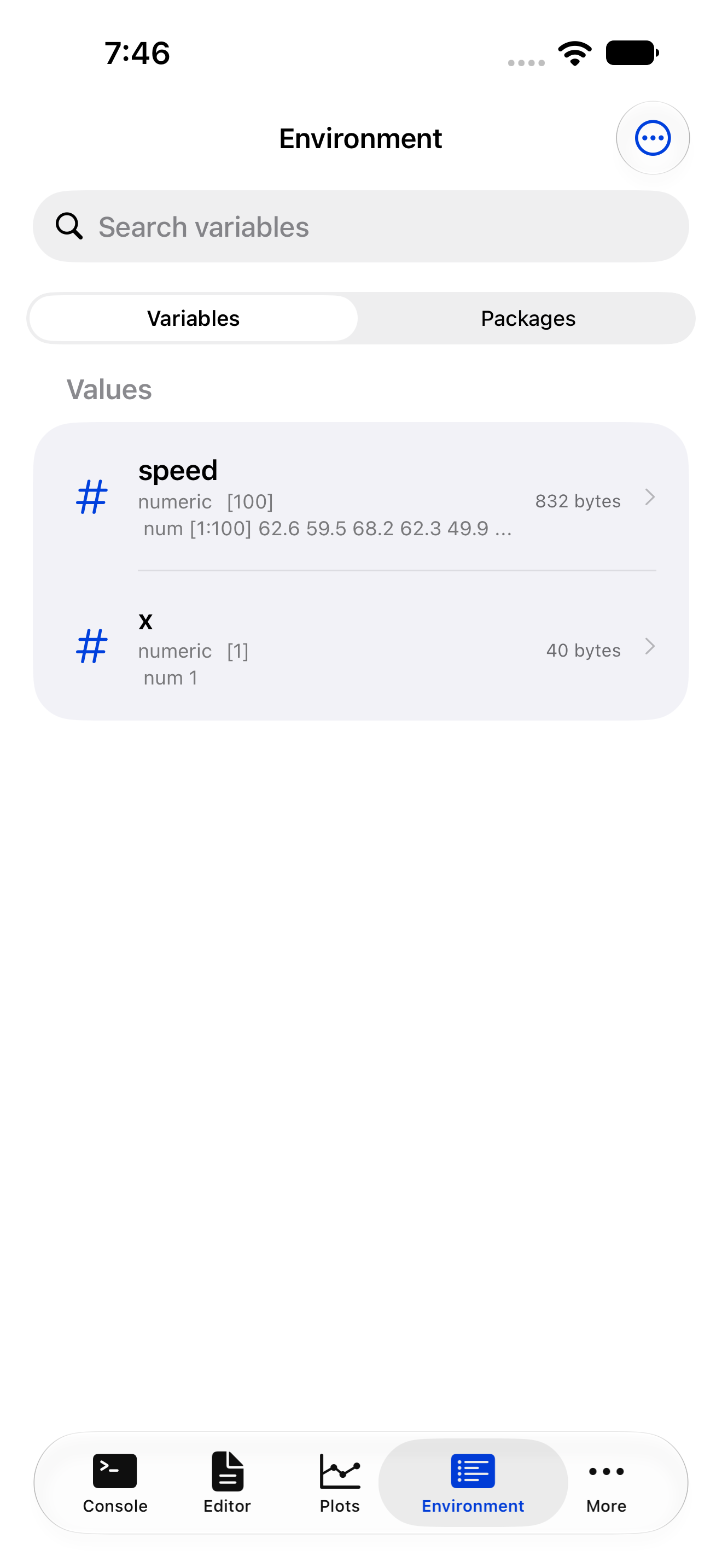 The Environment tab active, listing variables on iPhone