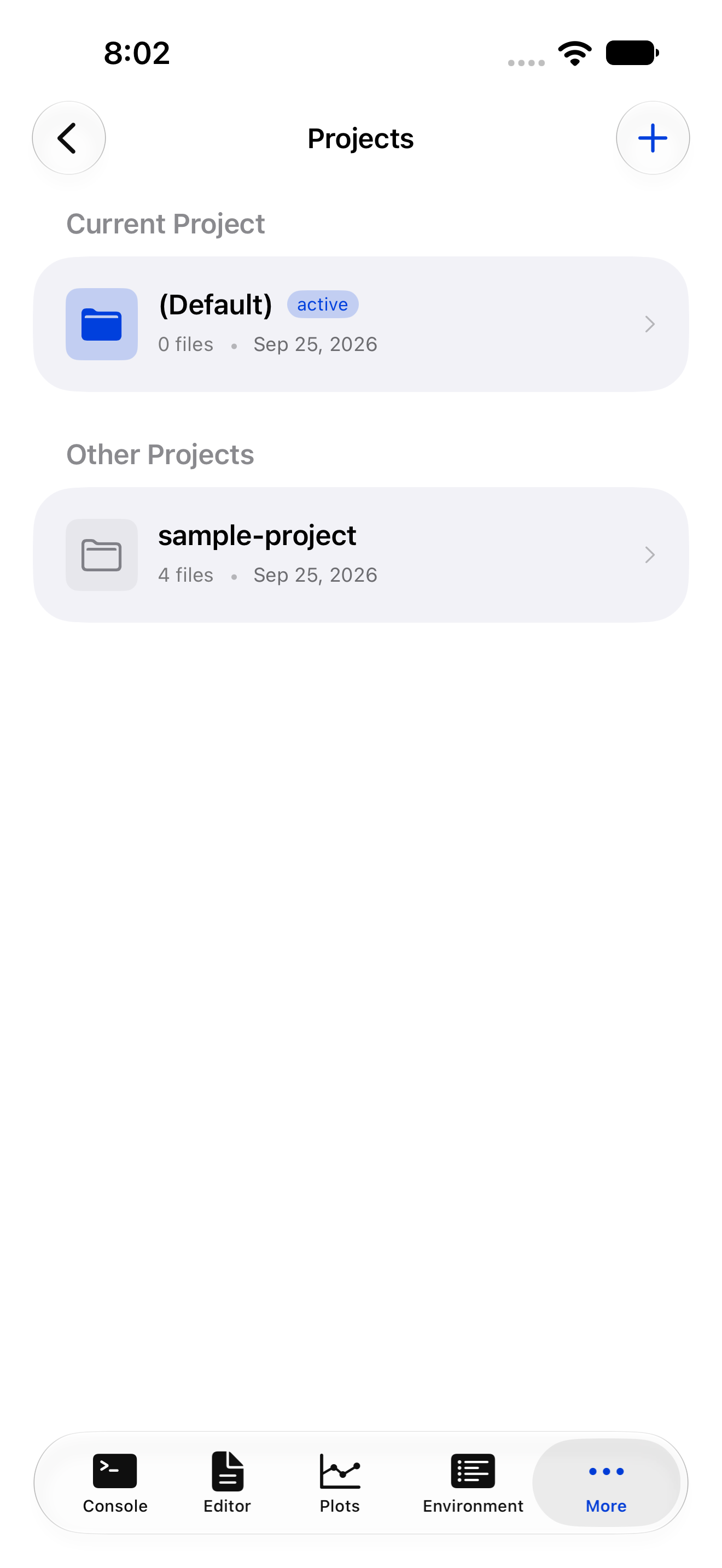 Projects tab showing the current project and project list on iPhone
