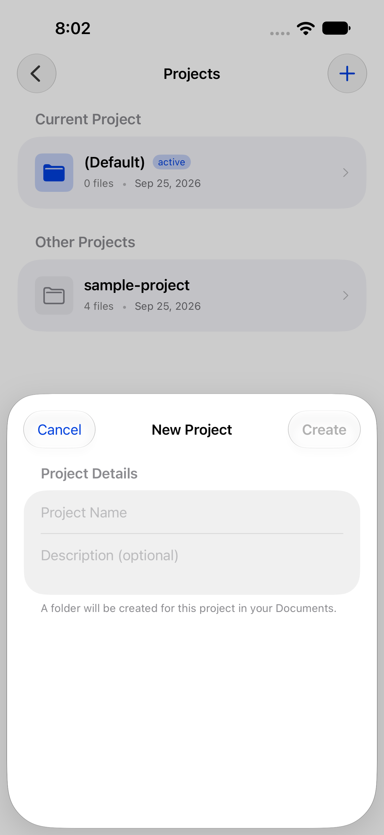 New Project sheet with name and description fields on iPhone