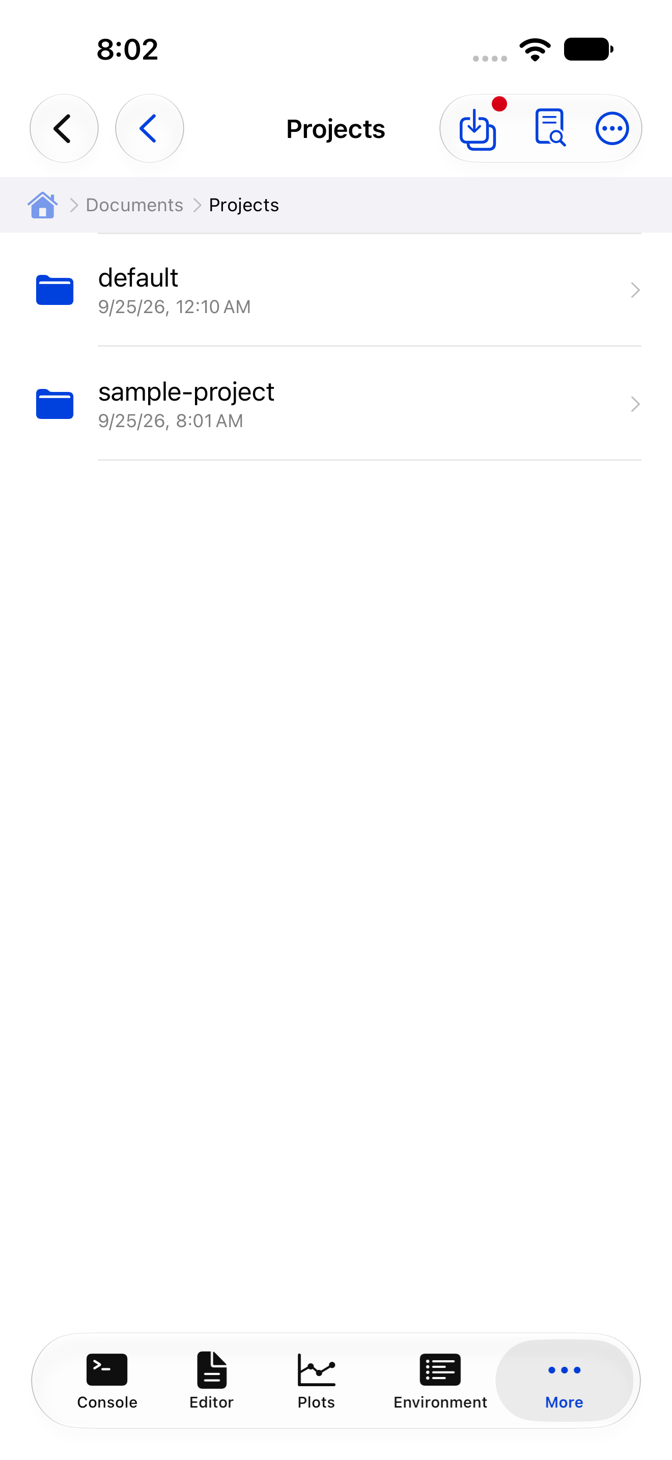 Documents Projects folder with one folder per project on iPhone
