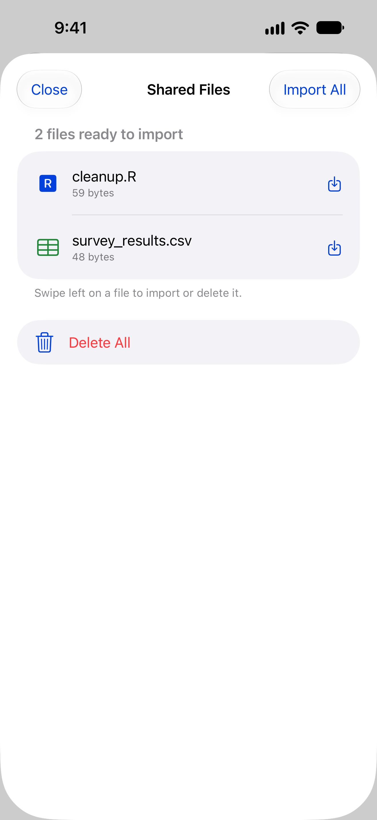 Shared files sheet listing files awaiting import on iPhone