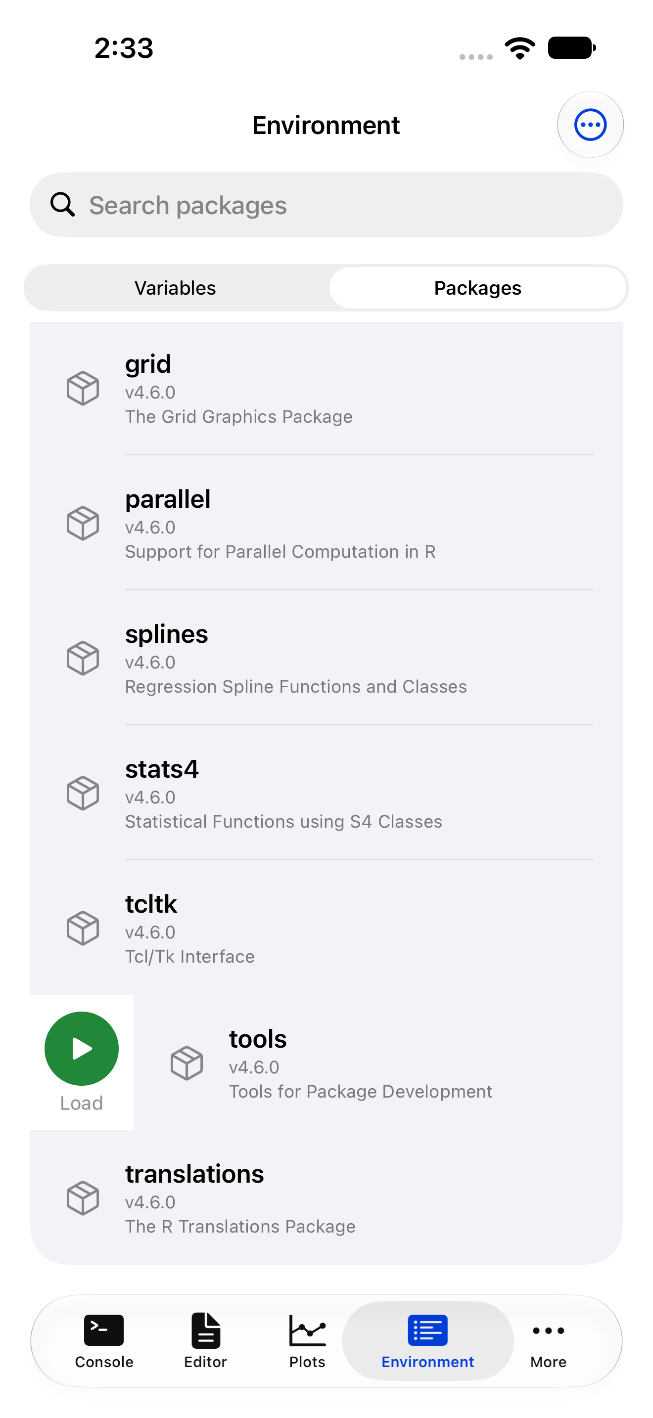 Package row swiped right revealing the green Load button on iPhone