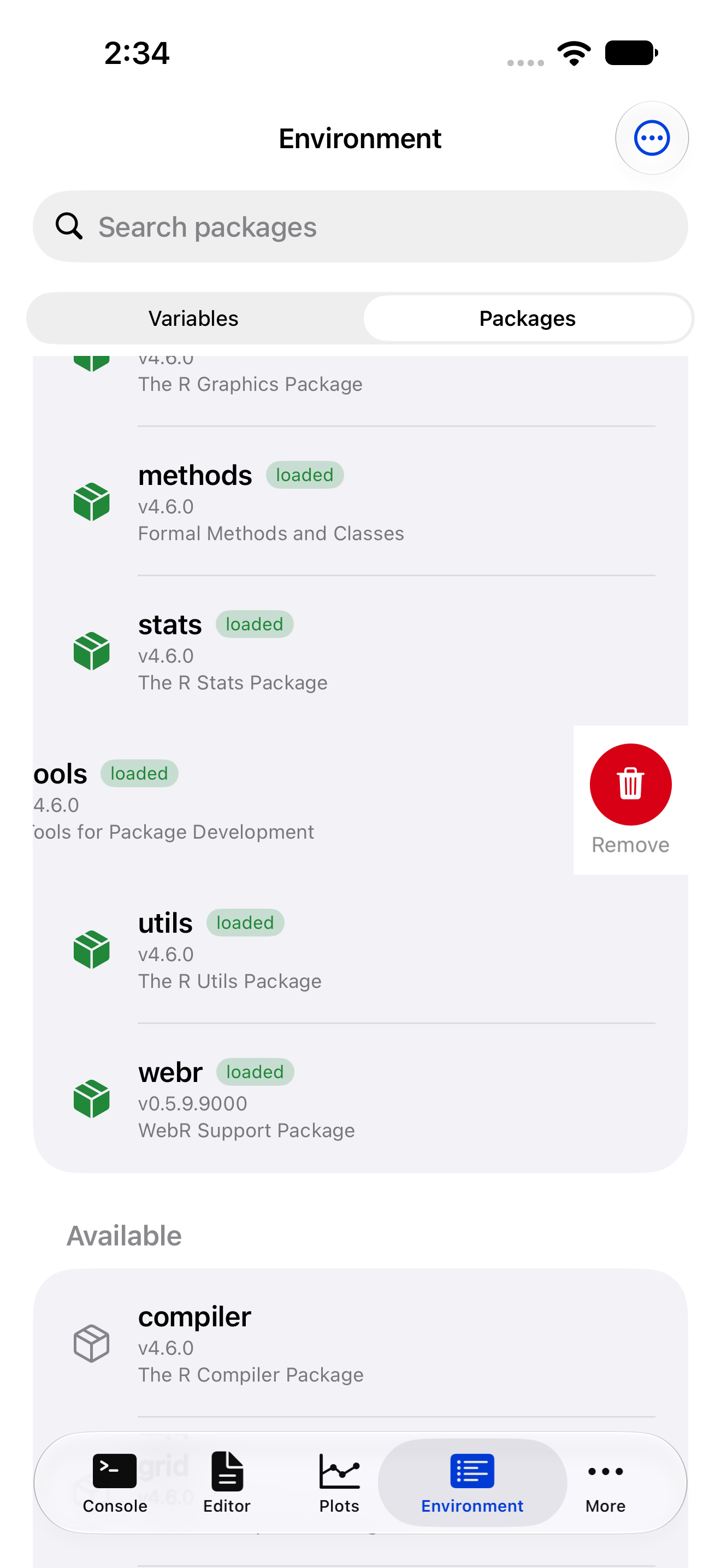 Package row swiped left revealing the Remove button on iPhone