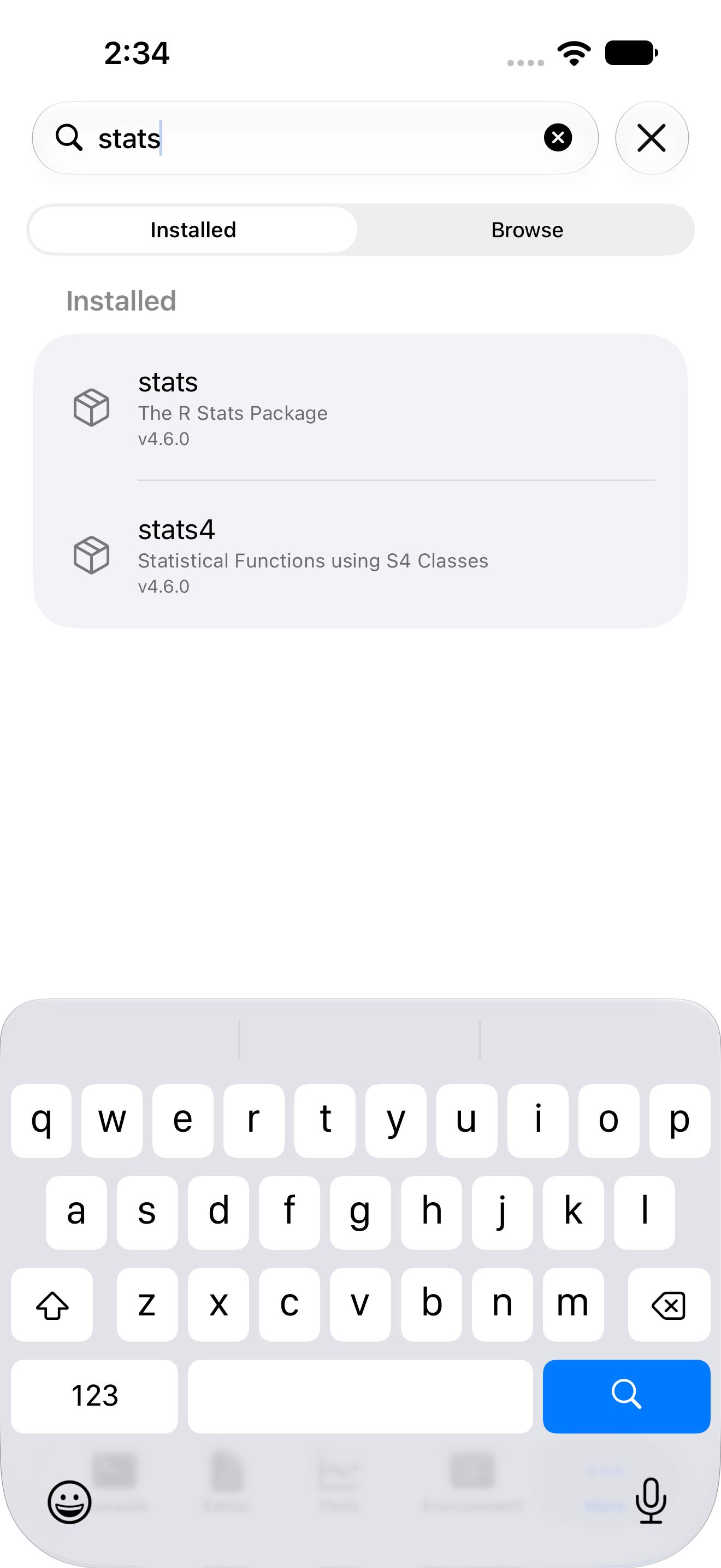 Packages tab search filtering the installed list on iPhone