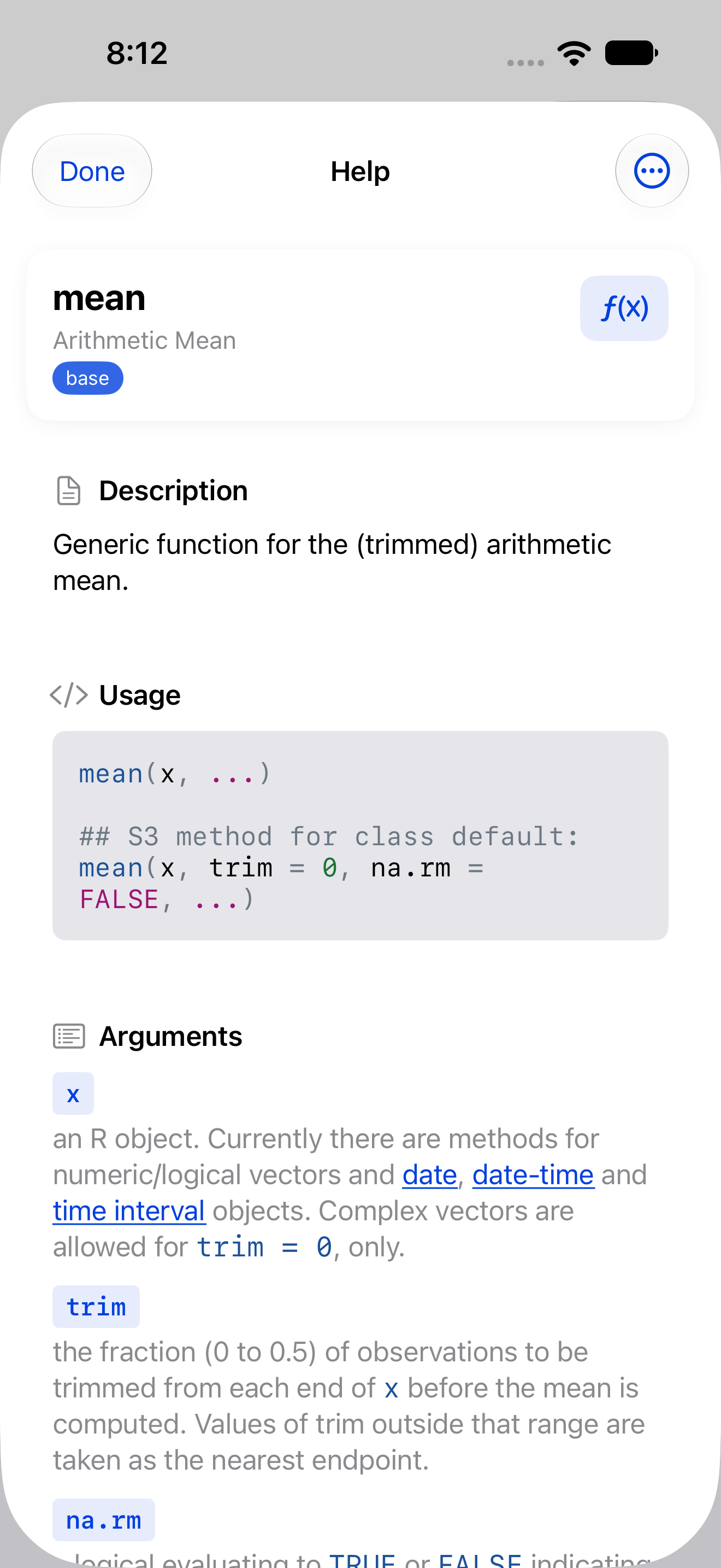 Help page for the mean function opened from the Console on iPhone