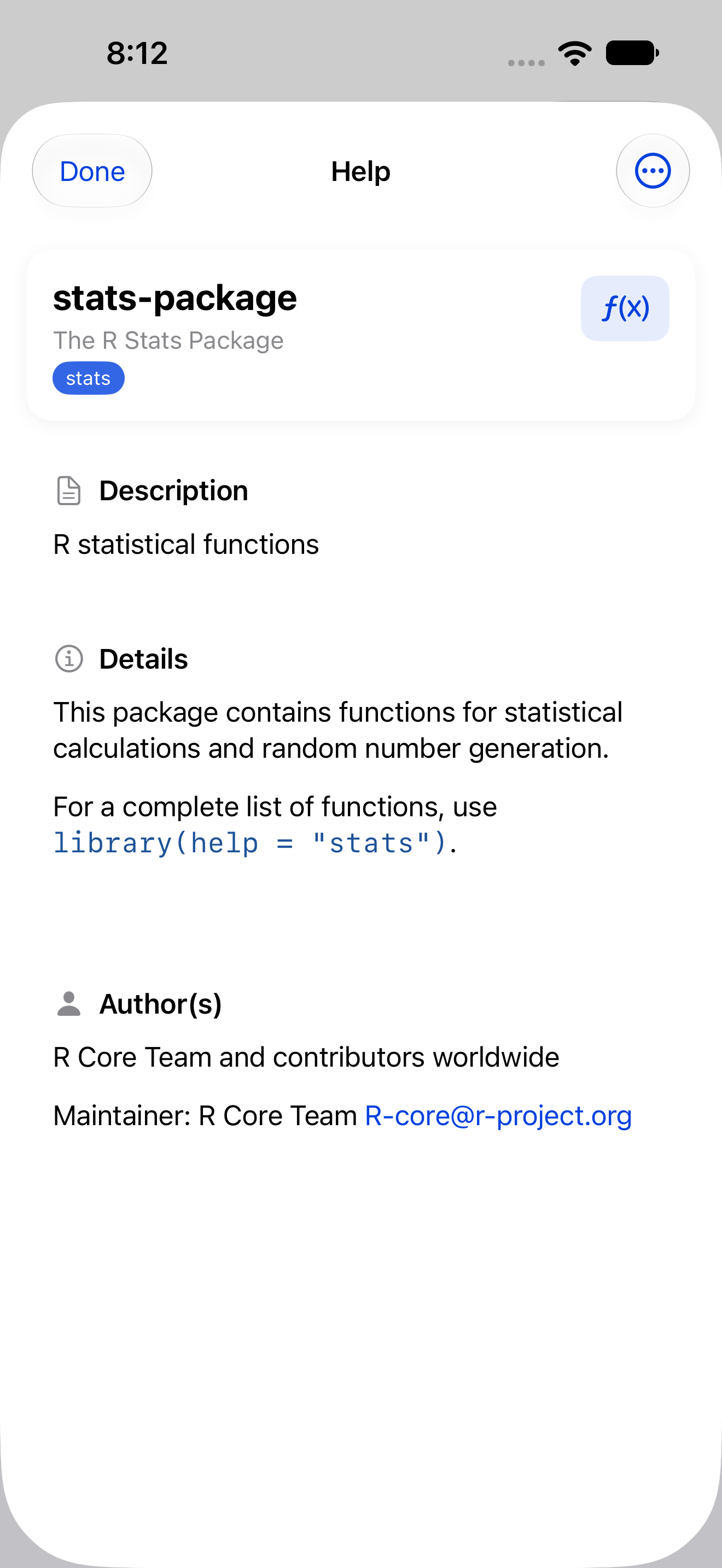 Package index page listing a package's functions on iPhone