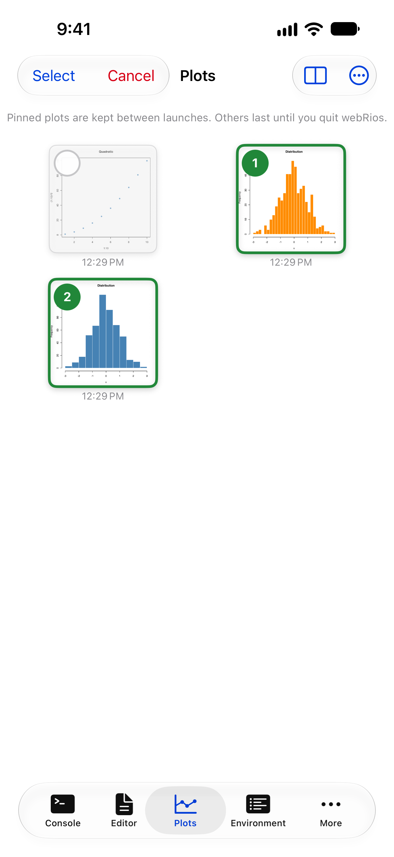 Two plots selected for comparison with numbered badges on iPhone