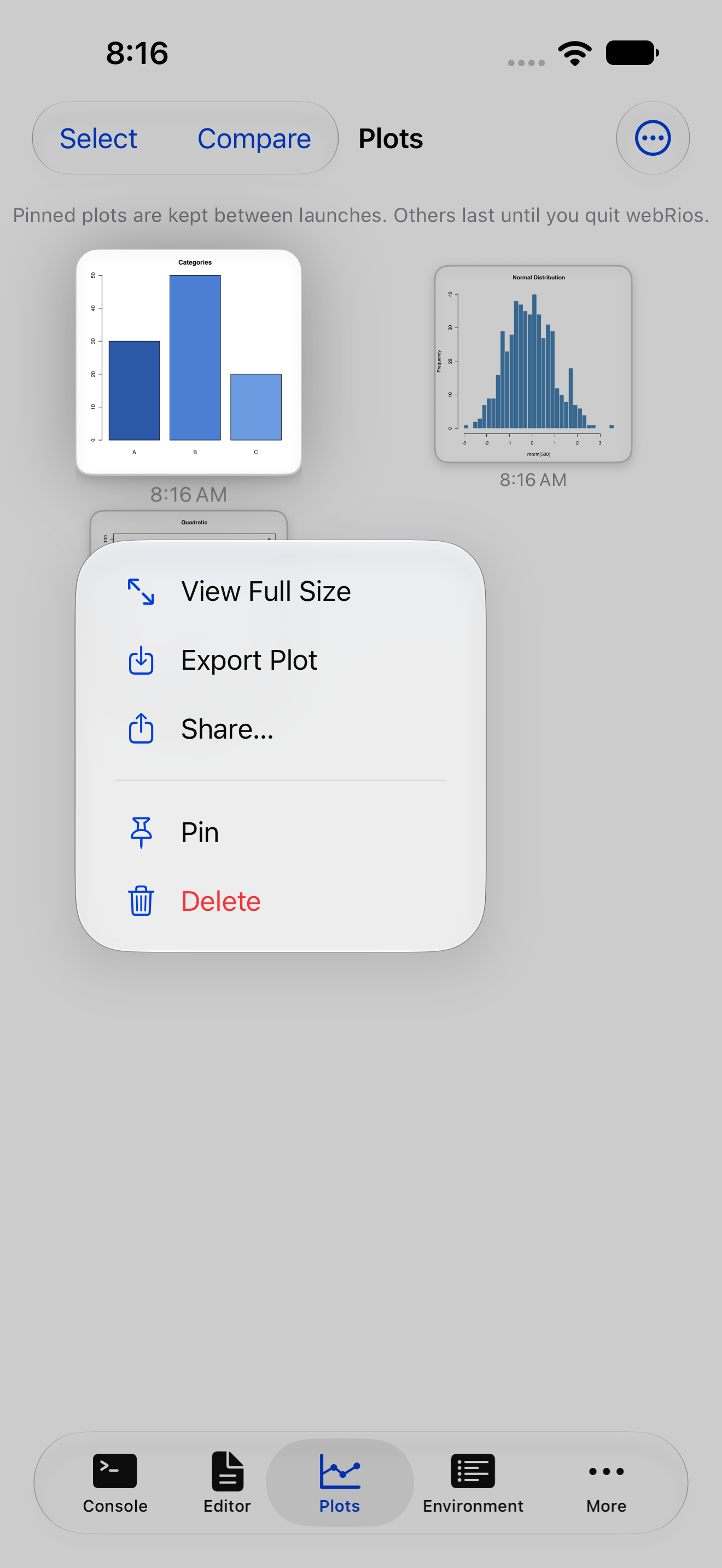 Long press context menu on a plot thumbnail showing Pin on iPhone