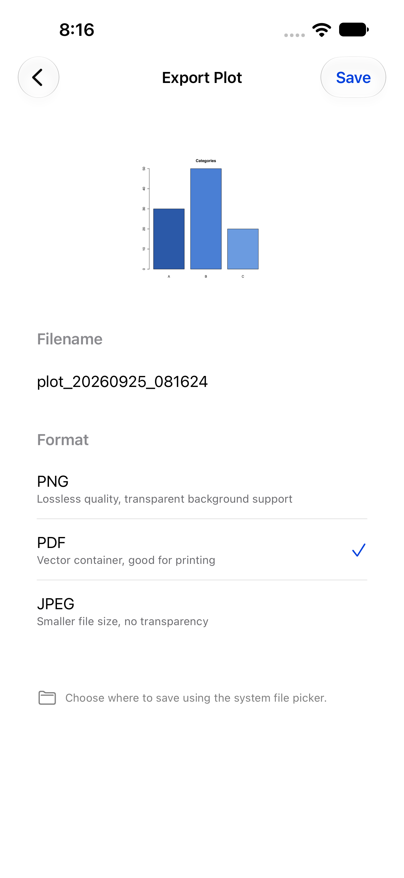 Export page with PDF selected as the format on iPhone