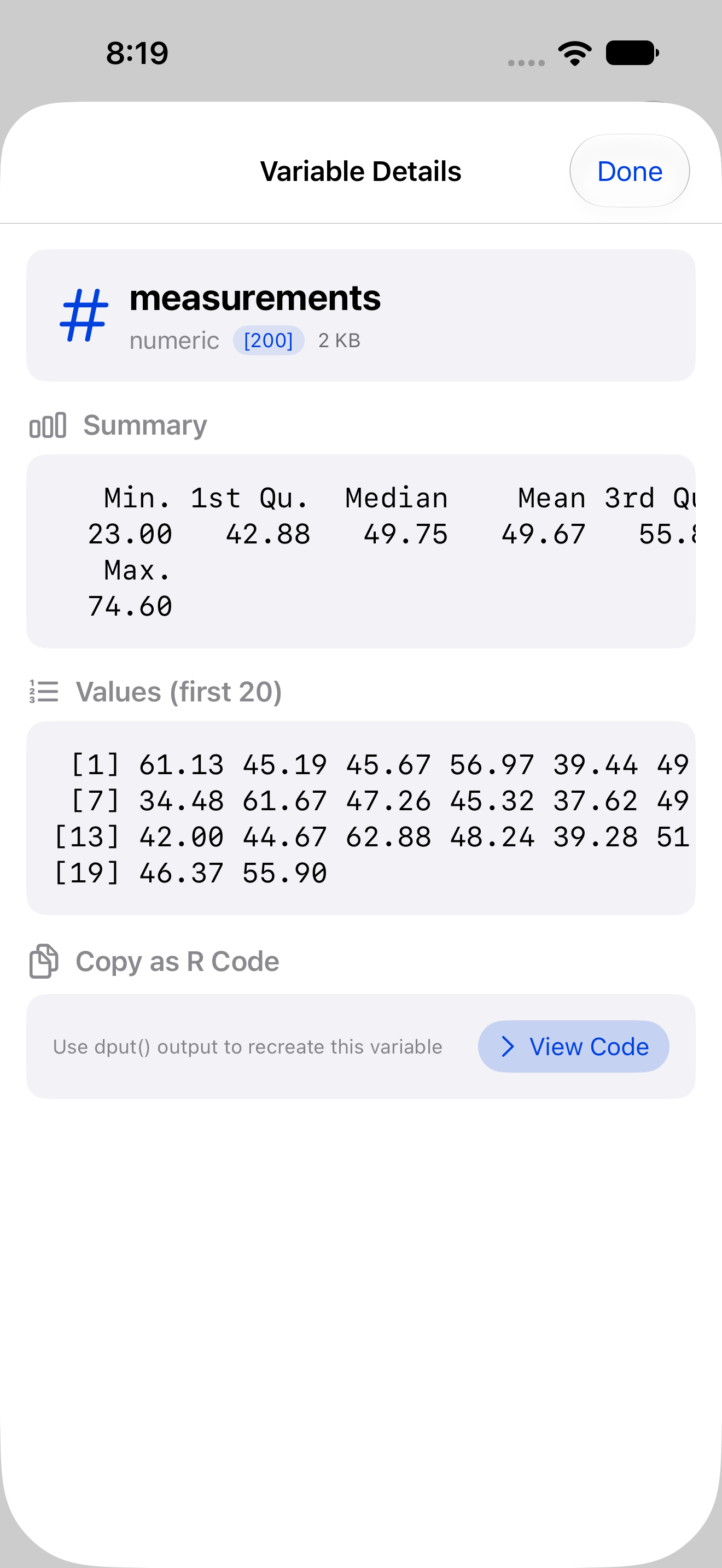 Variable details for a numeric vector showing summary and first elements on iPhone