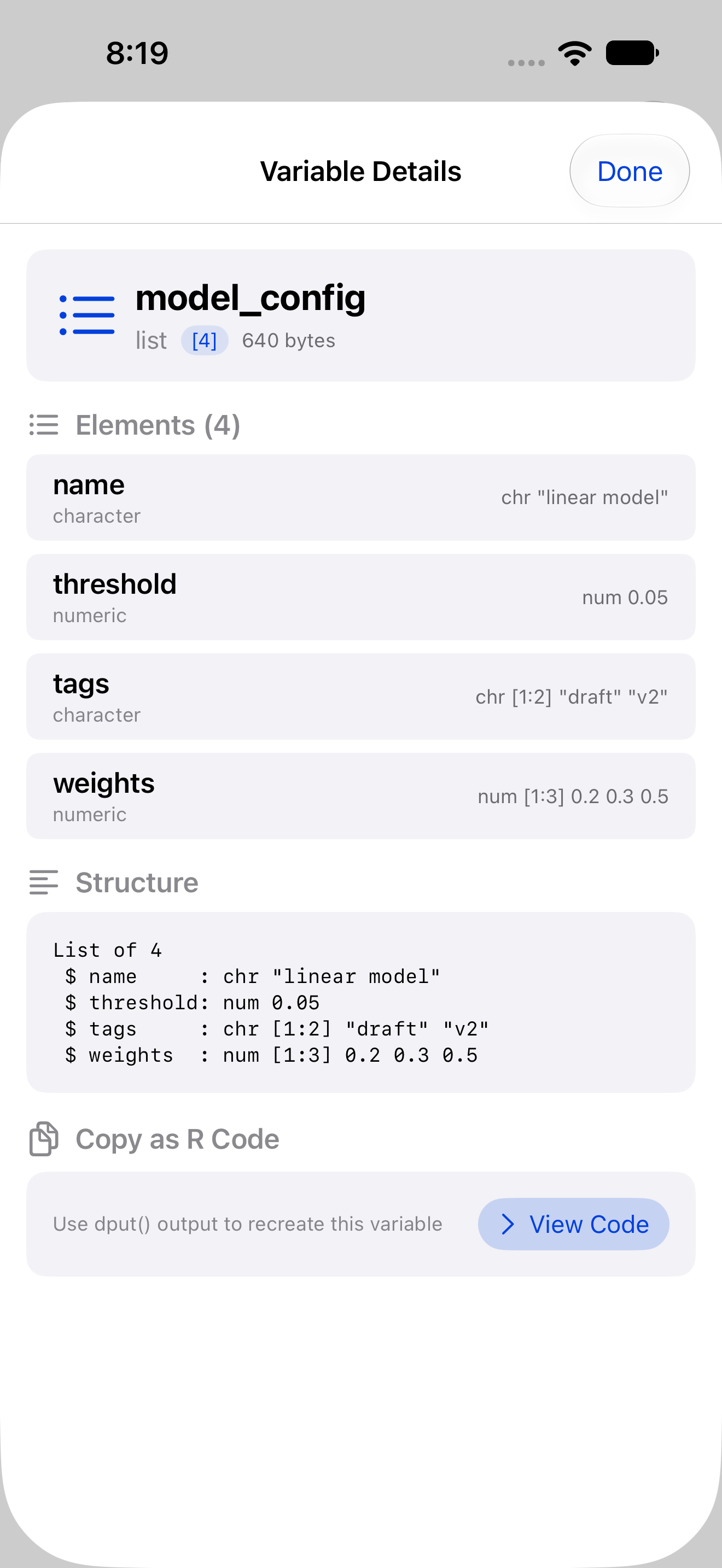 Variable details for a list showing its structure and elements on iPhone