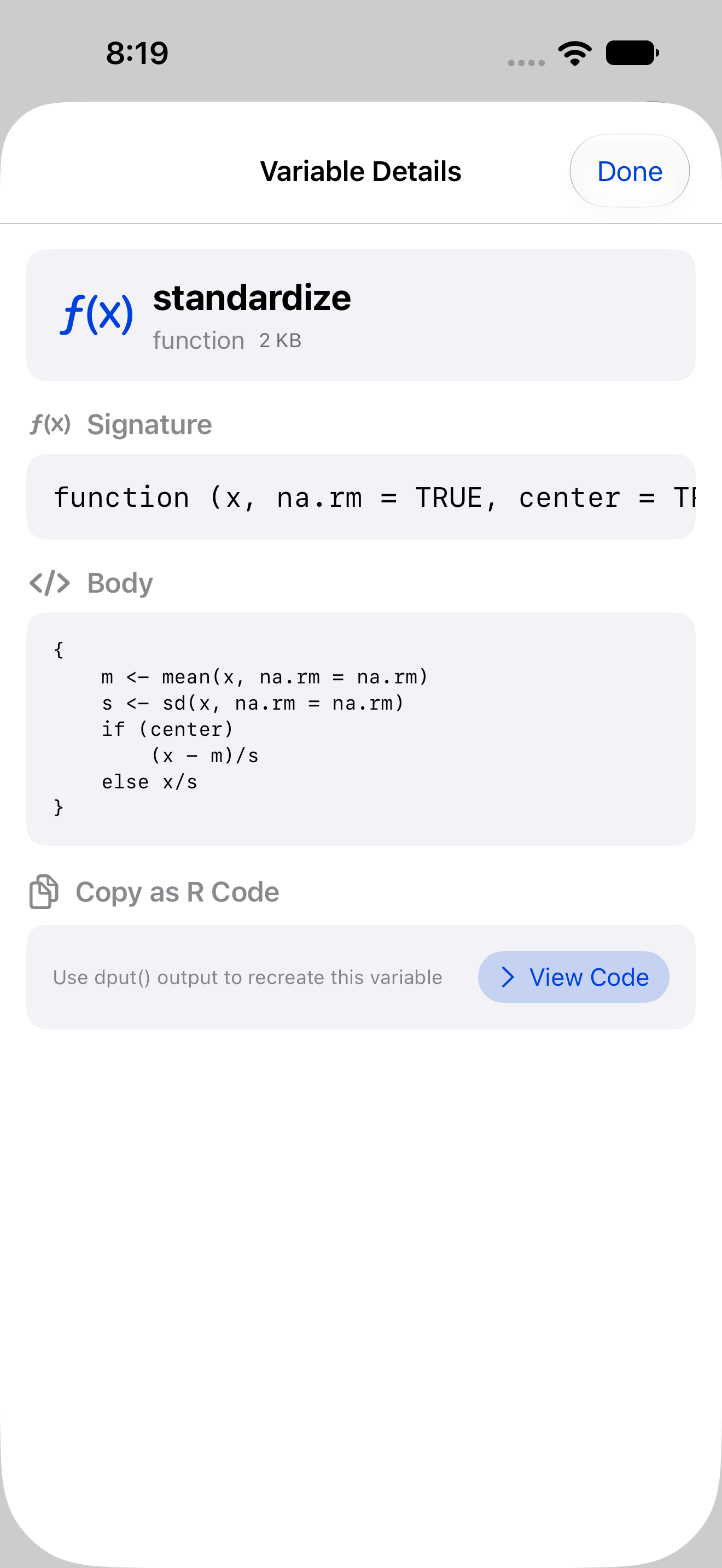 Variable details for a function showing its signature and body on iPhone