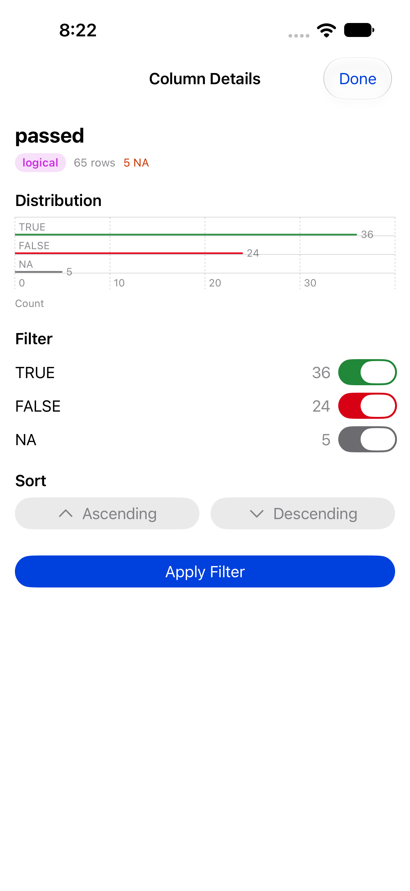 Column details for a logical column with TRUE FALSE and NA toggles on iPhone