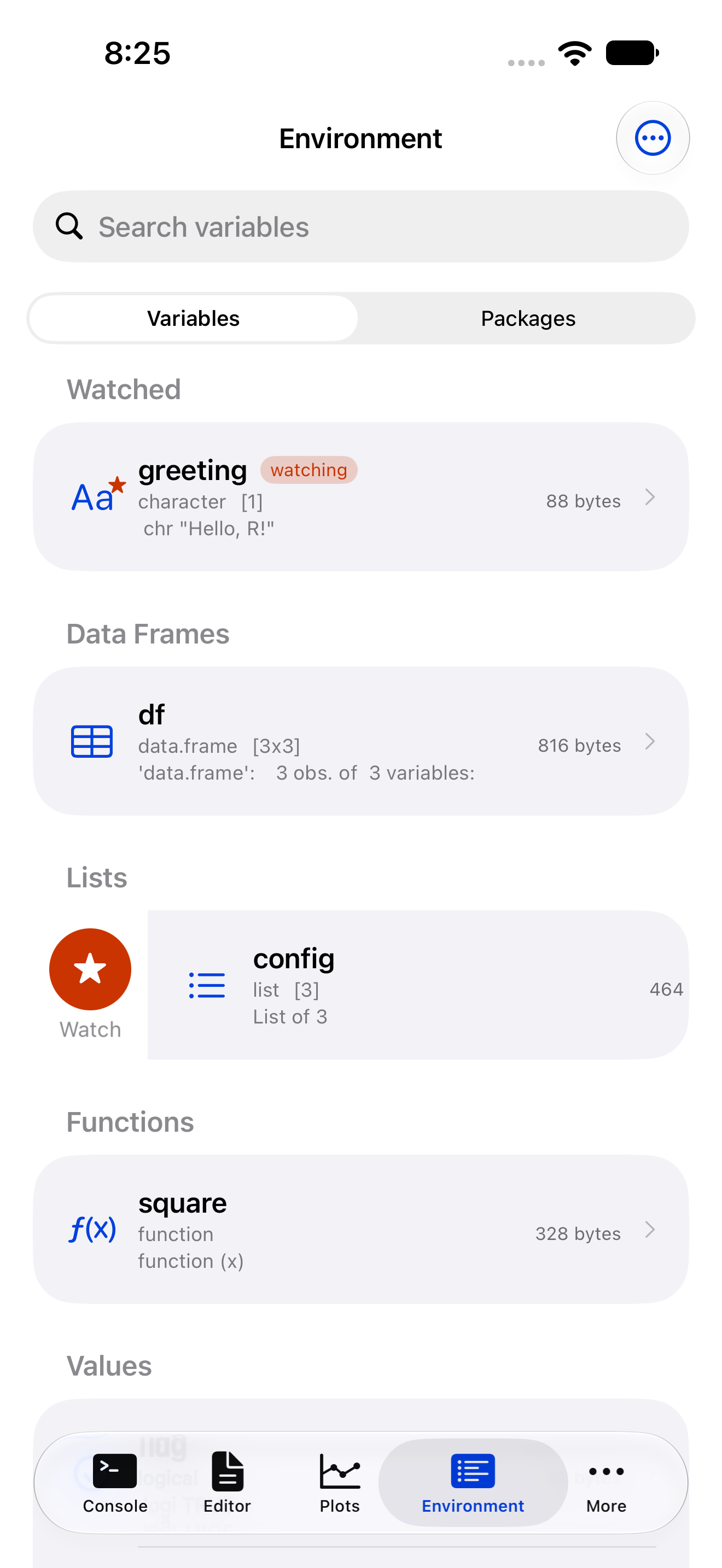Variable row swiped right revealing the Watch button on iPhone