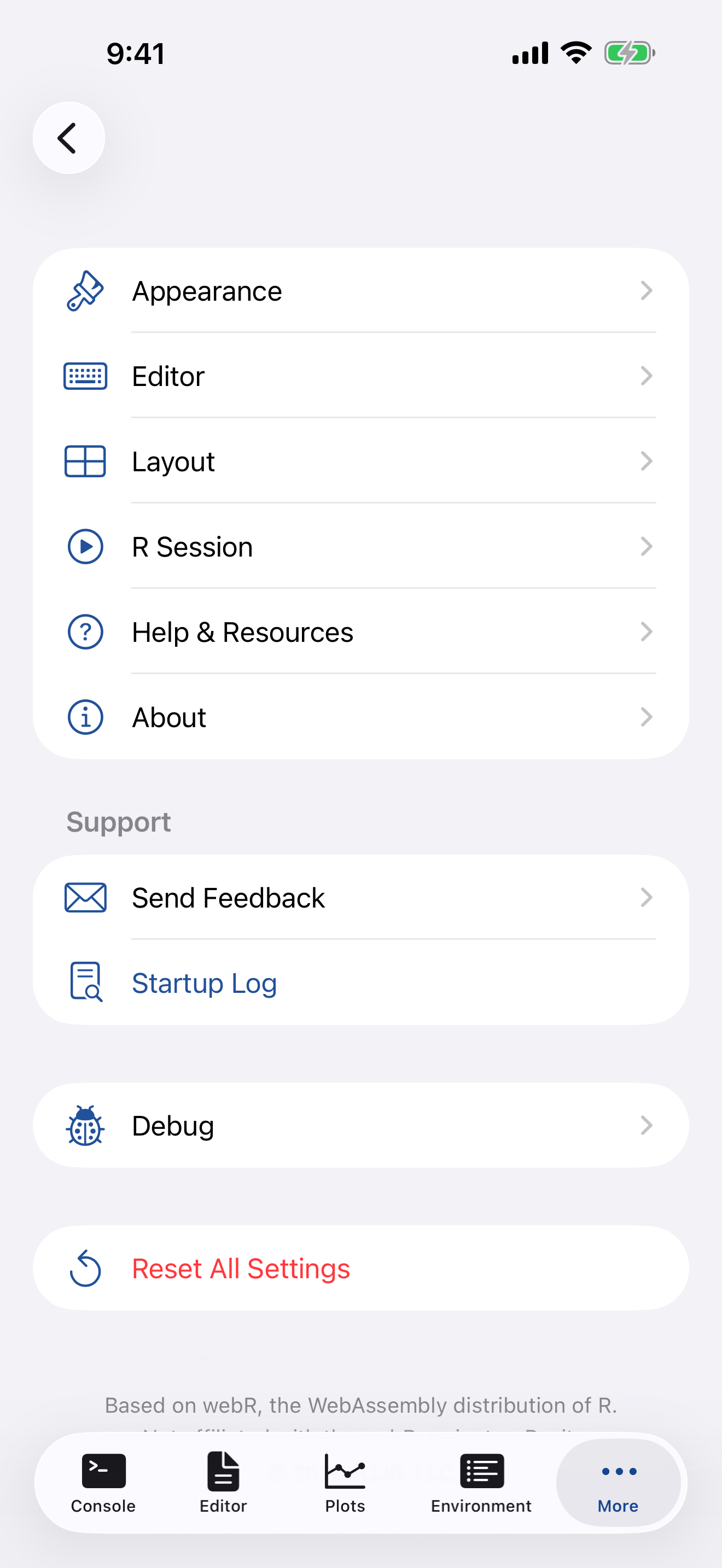 Settings tab on iPhone showing sections for Appearance, Editor, Layout, R Session, Help, and About