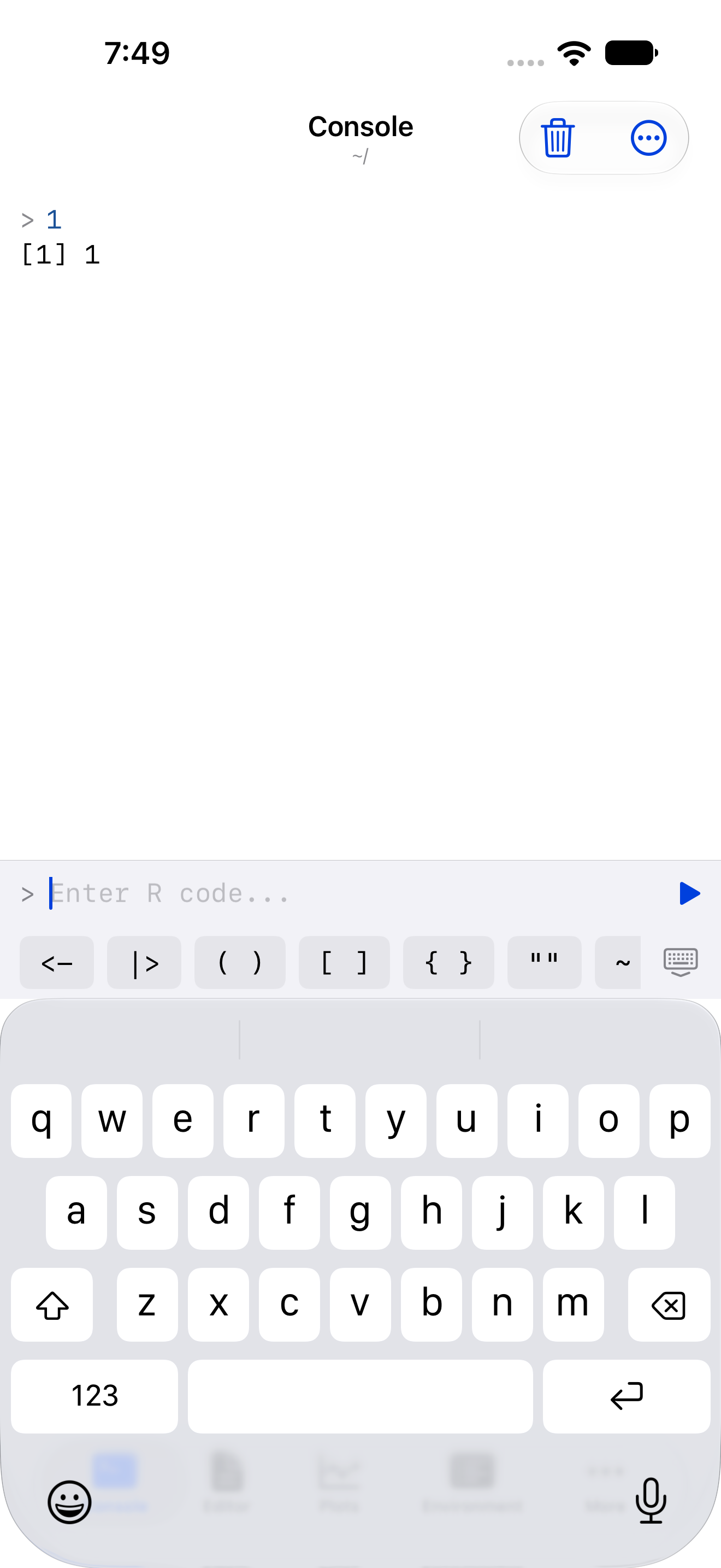 The R keyboard toolbar above the console input on iPhone