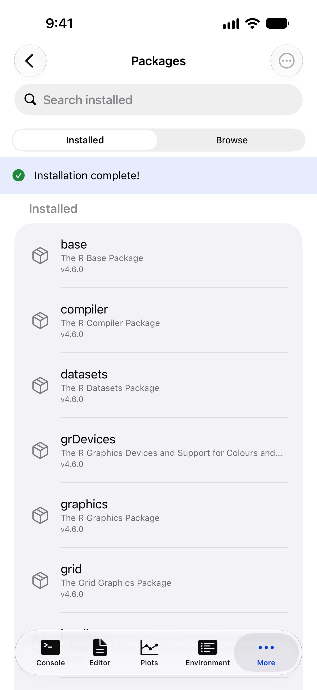 Packages tab on iPhone with the banner reading Installation complete! beside a green checkmark