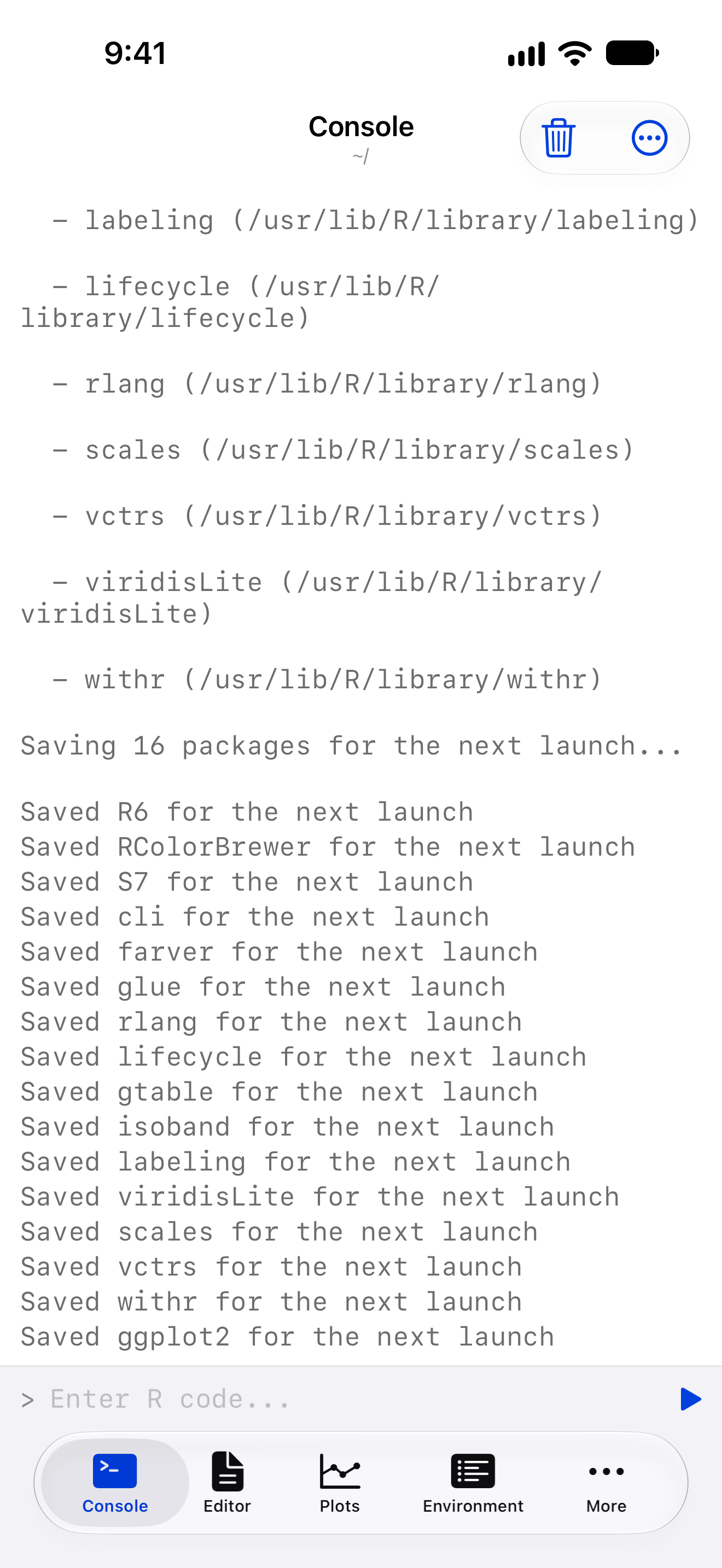 Console on iPhone at the end of the install: Saving 16 packages for the next launch, then a Saved line for each package, ending with Saved ggplot2 for the next launch