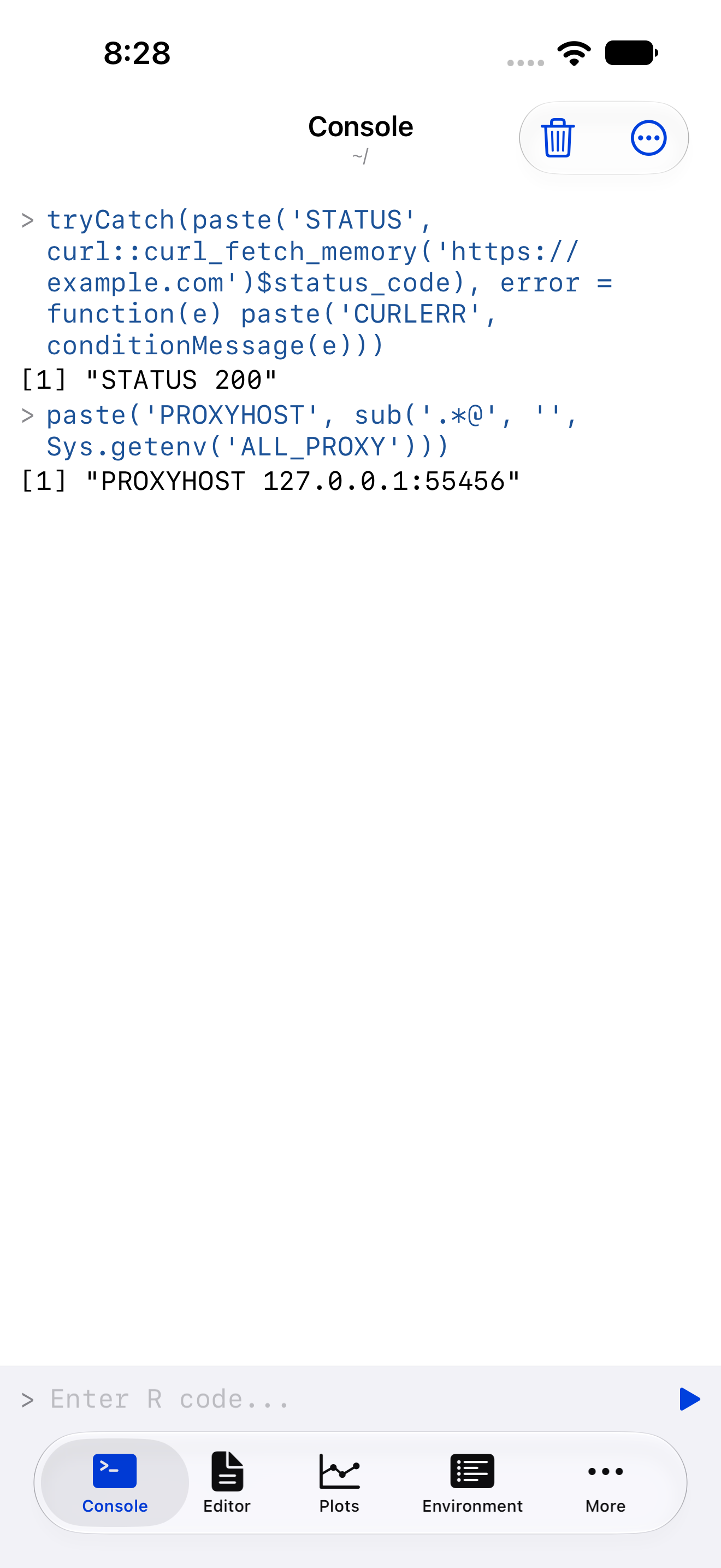 Console on iPhone showing a successful request returning status 200 and the proxy host reading 127.0.0.1