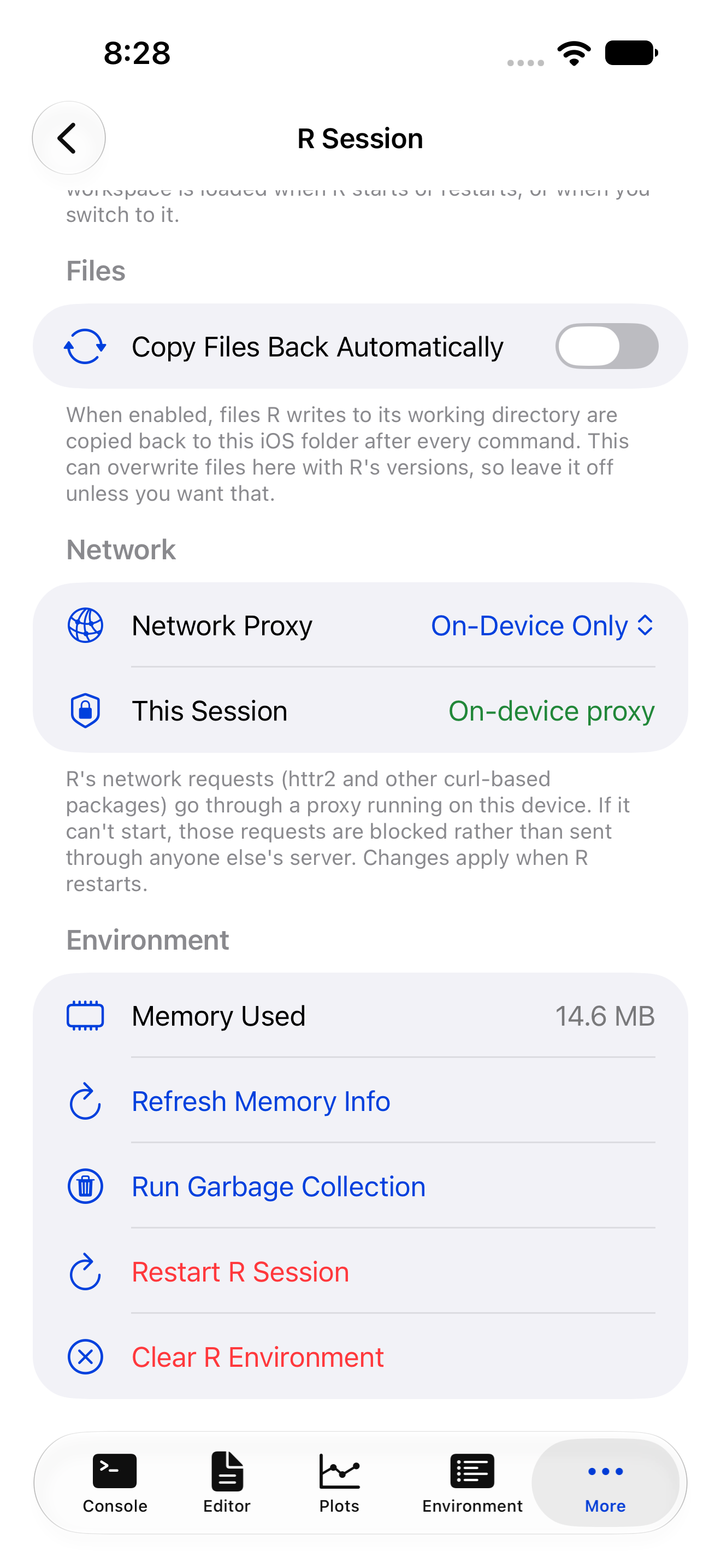 R Session settings on iPhone with the Network section showing Network Proxy set to On-Device Only and This Session reading On-device proxy