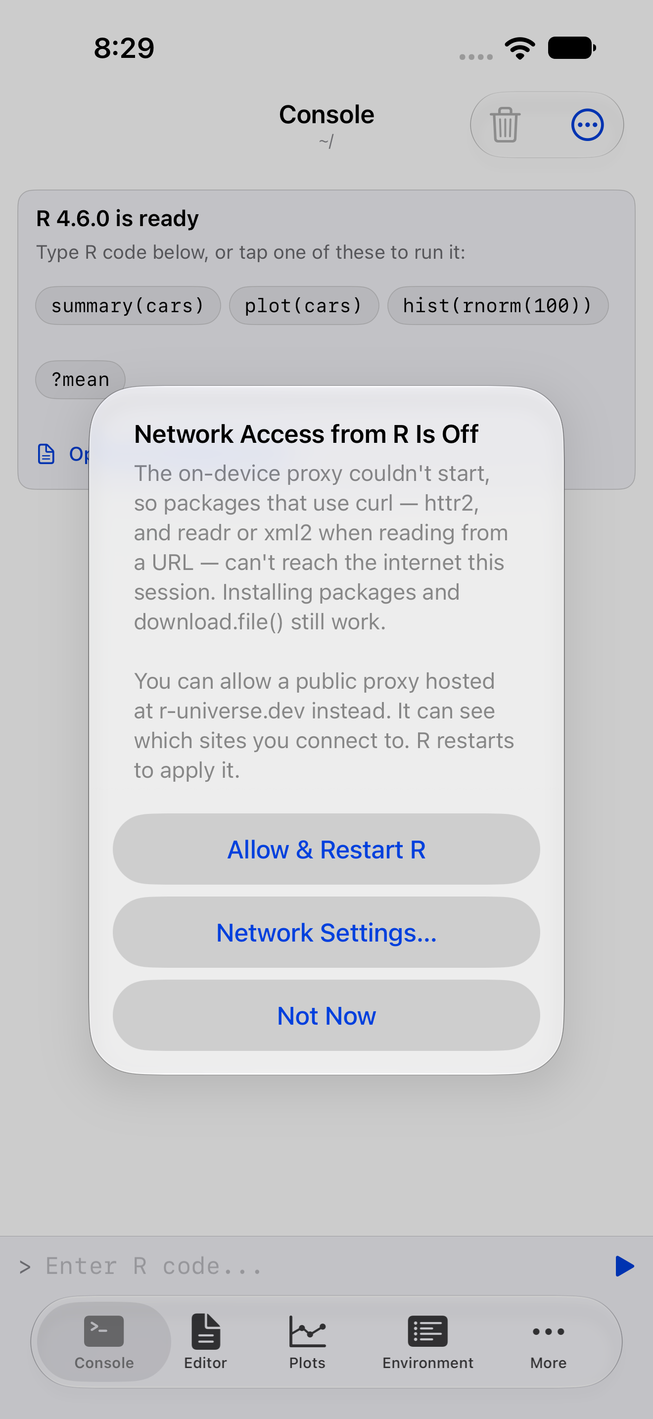 Alert on iPhone titled Network Access from R Is Off, offering Allow and Restart R, Network Settings, and Not Now