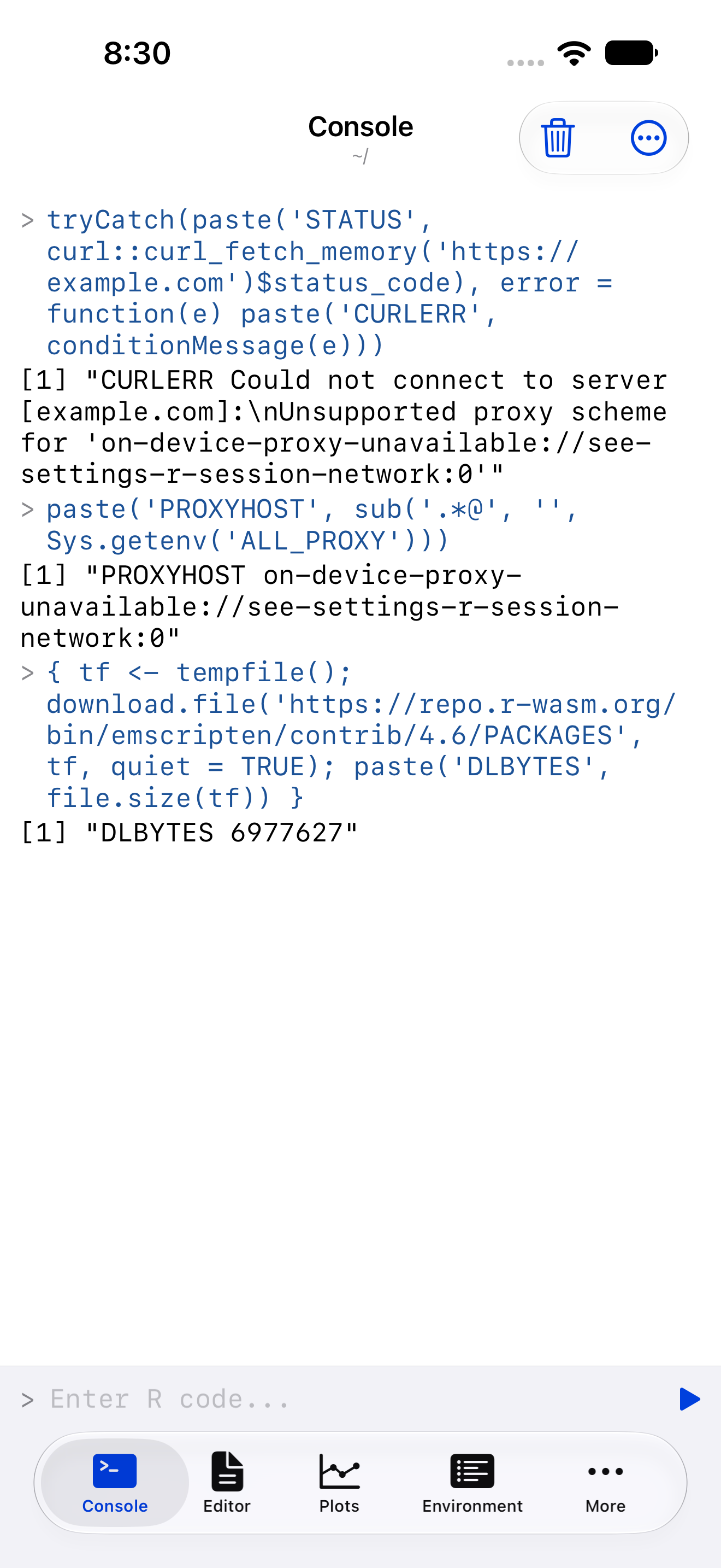 Console on iPhone showing an unsupported proxy scheme error from curl, and a successful download.file call below it