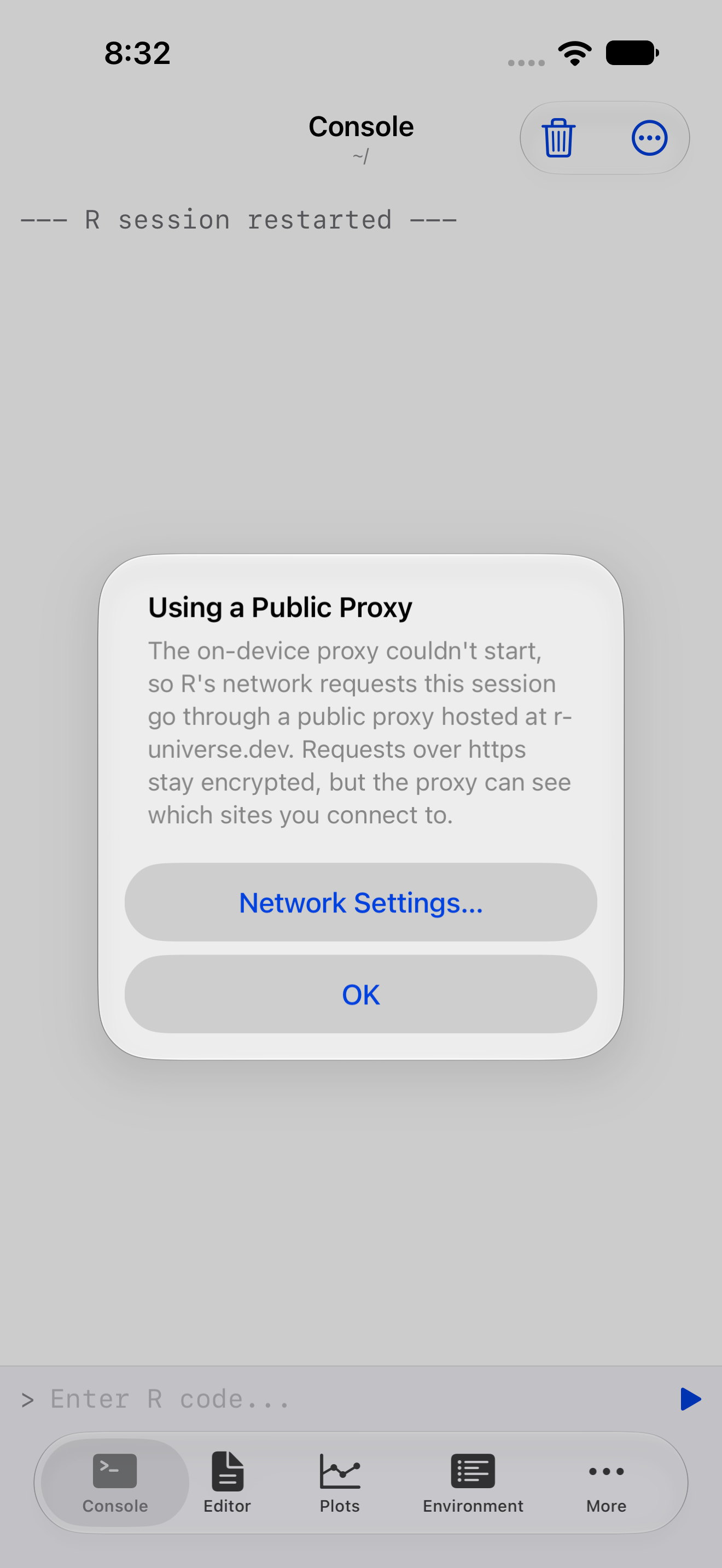 Alert on iPhone titled Using a Public Proxy explaining that requests go through a proxy hosted at r-universe.dev