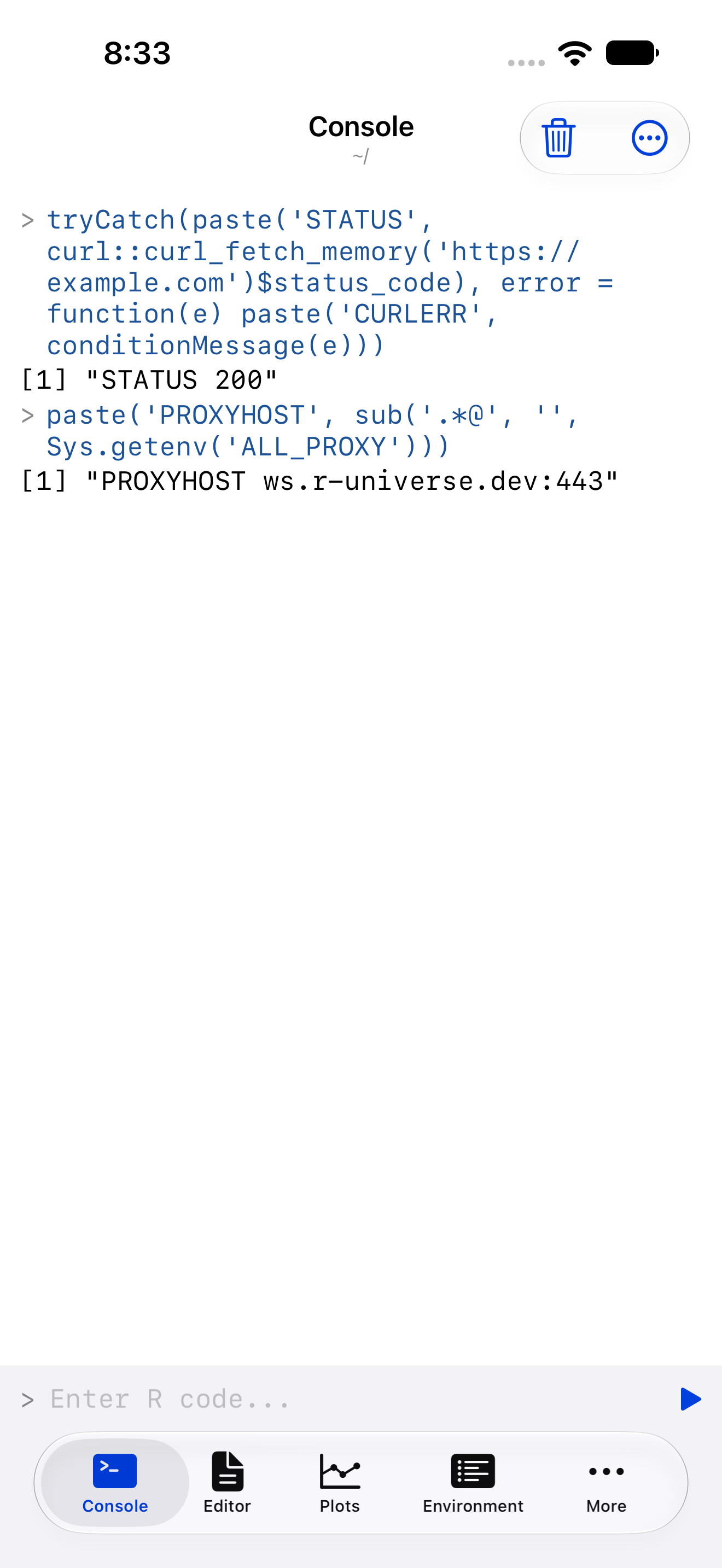Console on iPhone showing a request returning status 200 with the proxy host reading ws.r-universe.dev
