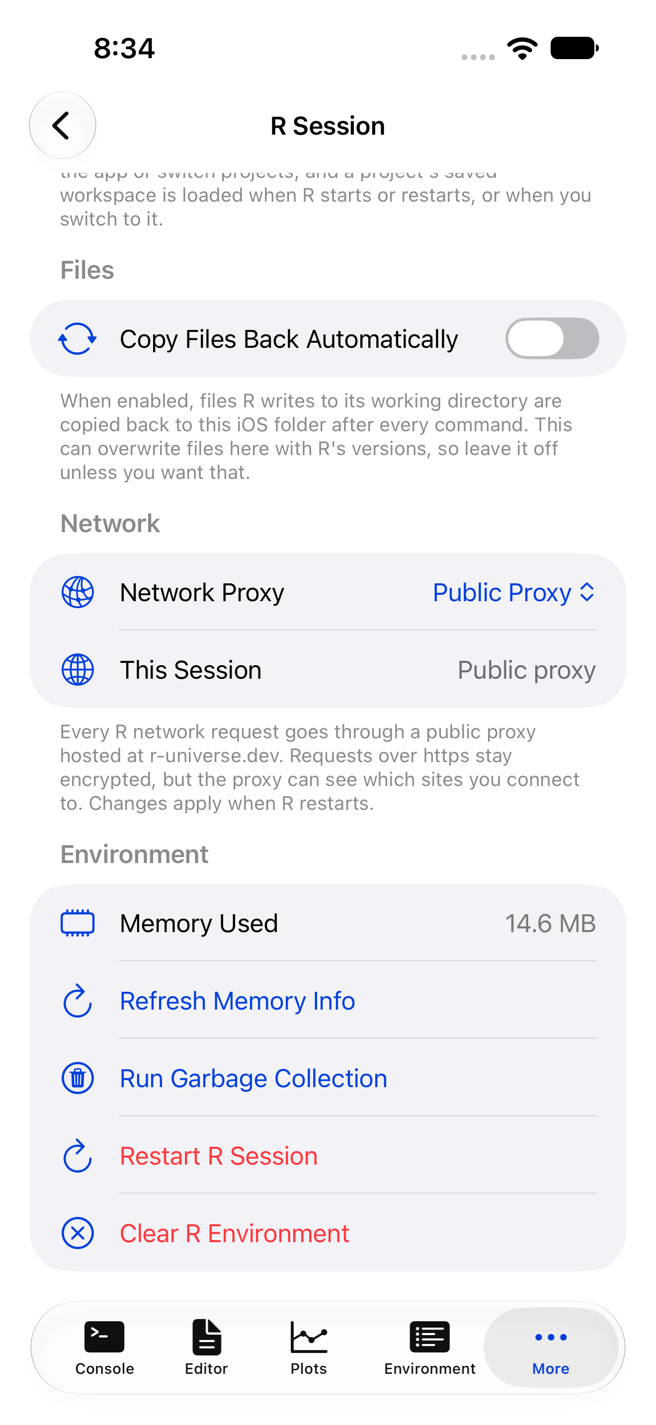R Session settings on iPhone with Network Proxy set to Public Proxy and This Session reading Public proxy
