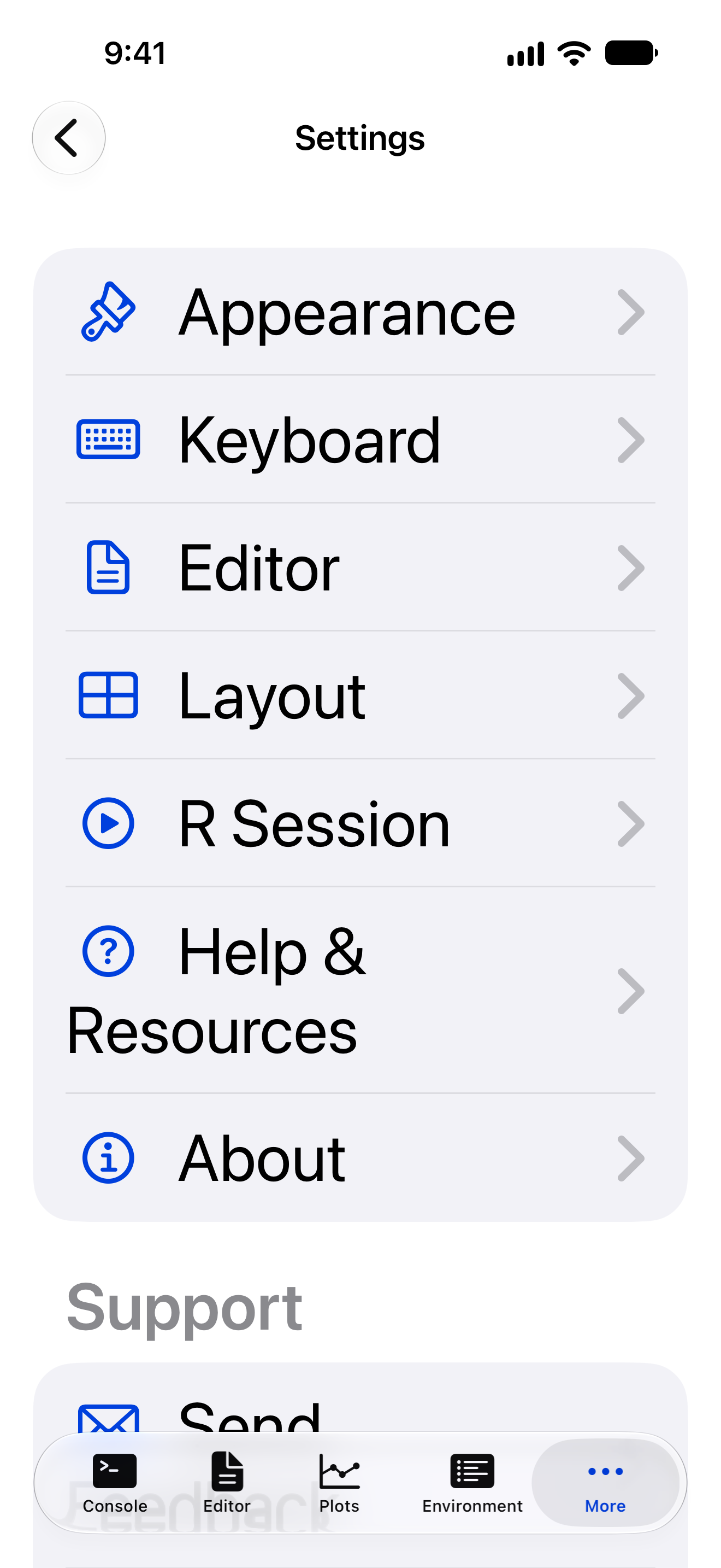 The same Settings index on iPhone at an accessibility text size, with larger row titles and icons