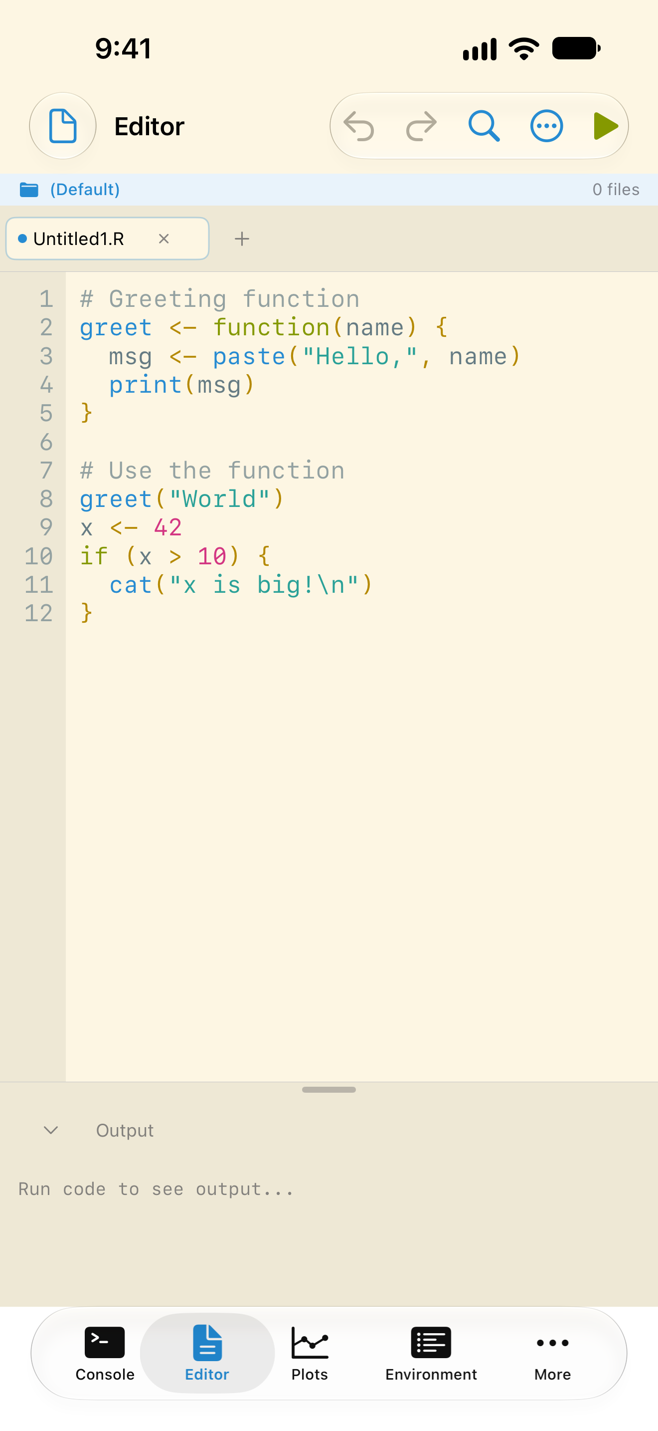 A script in the Editor on iPhone in the Solarized Light theme with Increase Contrast off, its comments in pale gray