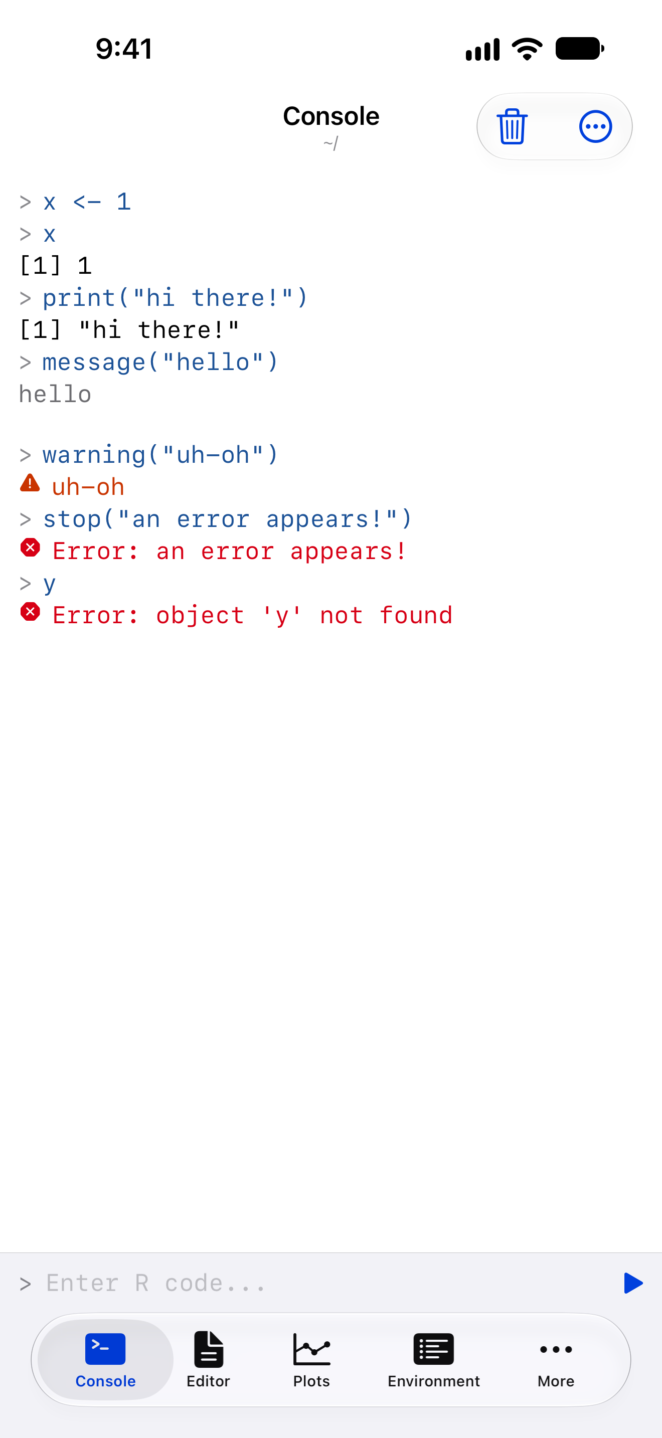 The Console on iPhone with Differentiate Without Color on, with a triangle before the warning and an octagon before each error