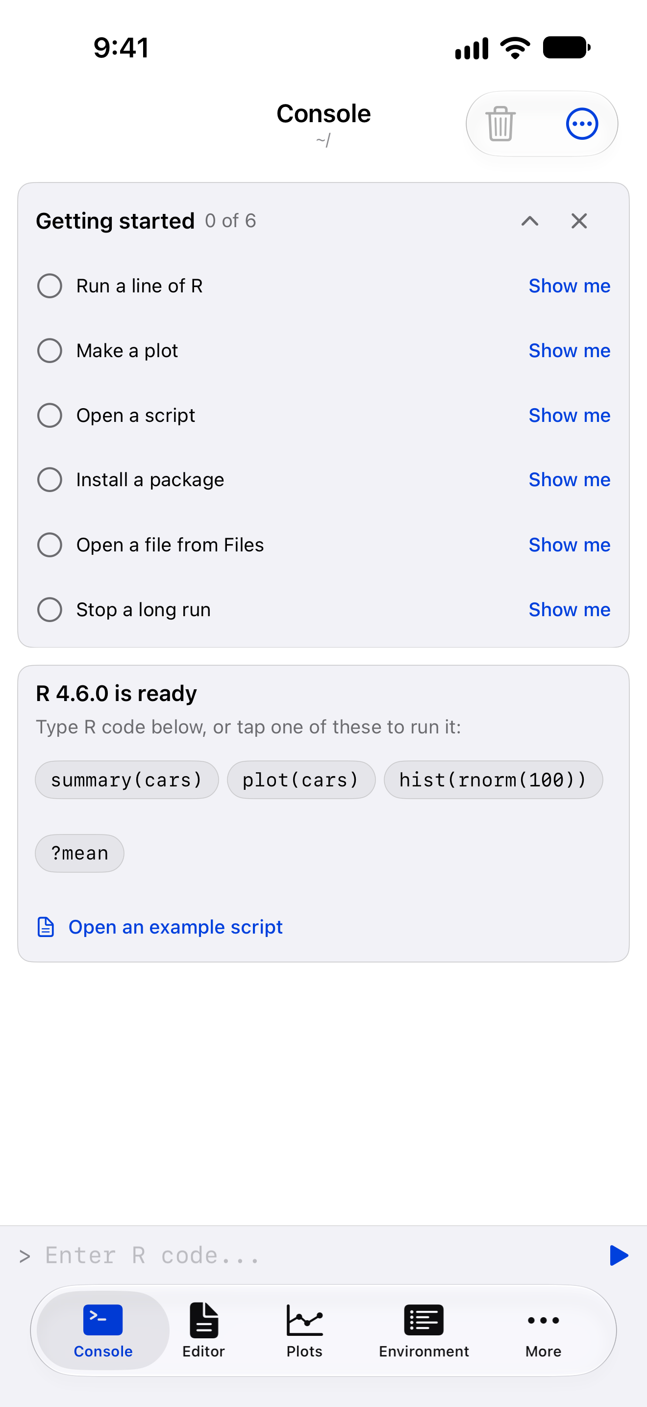 The Getting started checklist at the top of the Console on iPhone, none of its six steps done yet
