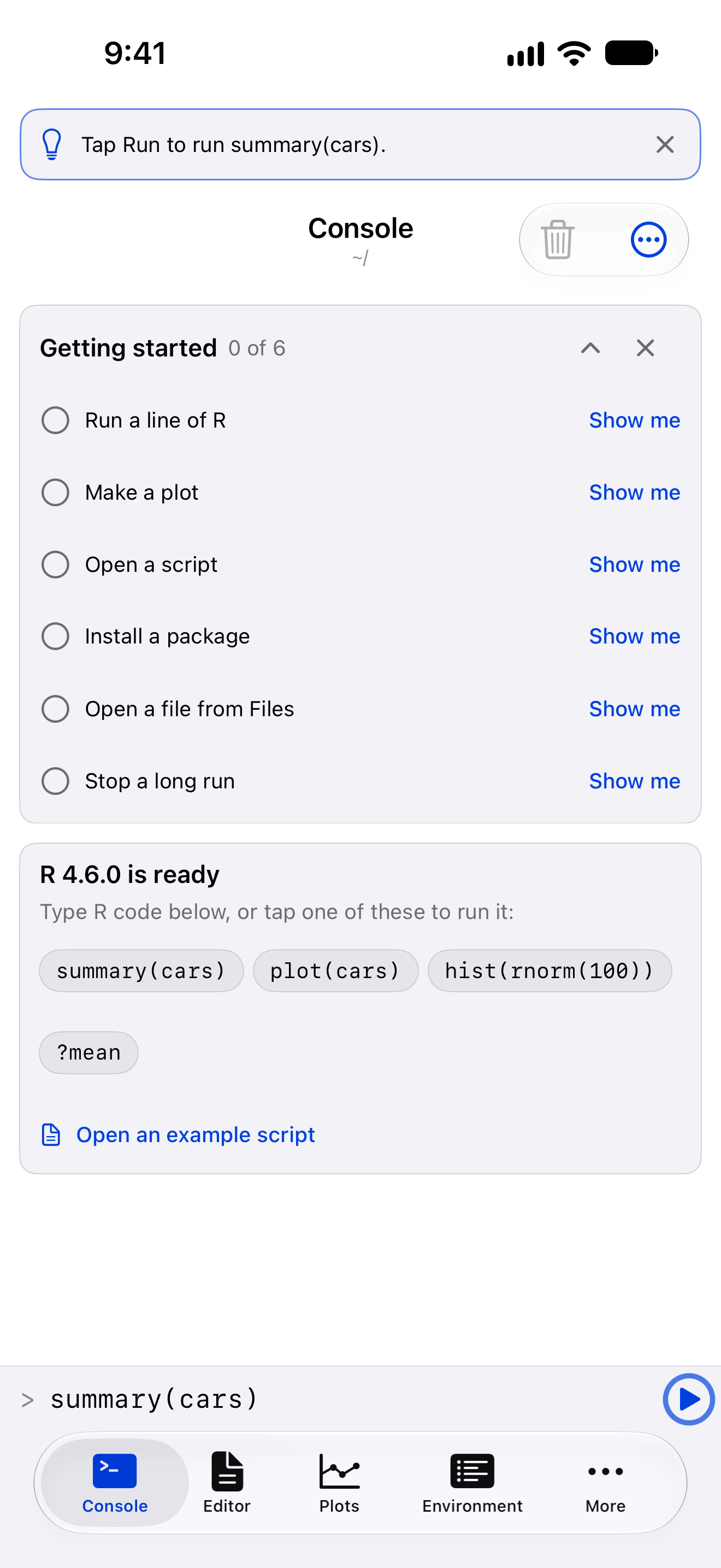 Show me for Run a line of R on iPhone: summary(cars) in the input field, the Run button ringed, and a tip at the top