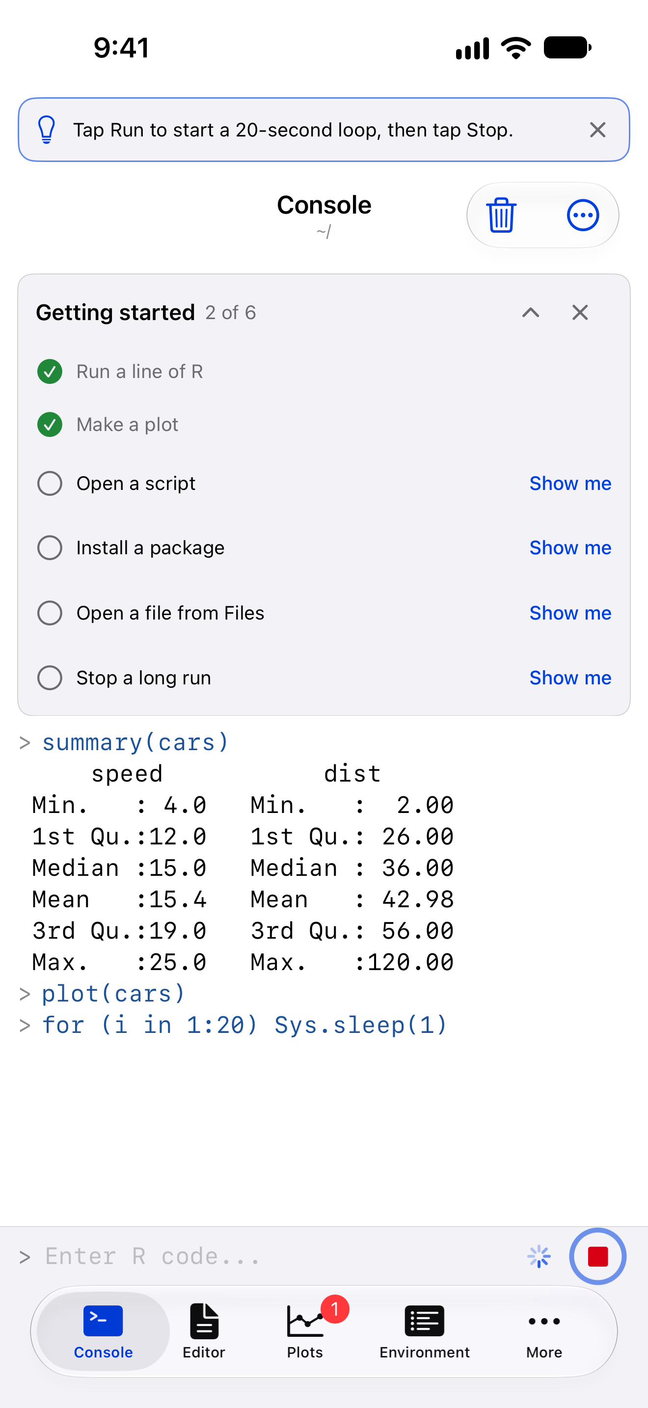 Show me for Stop a long run on iPhone: a 20-second loop running, with the Stop button ringed
