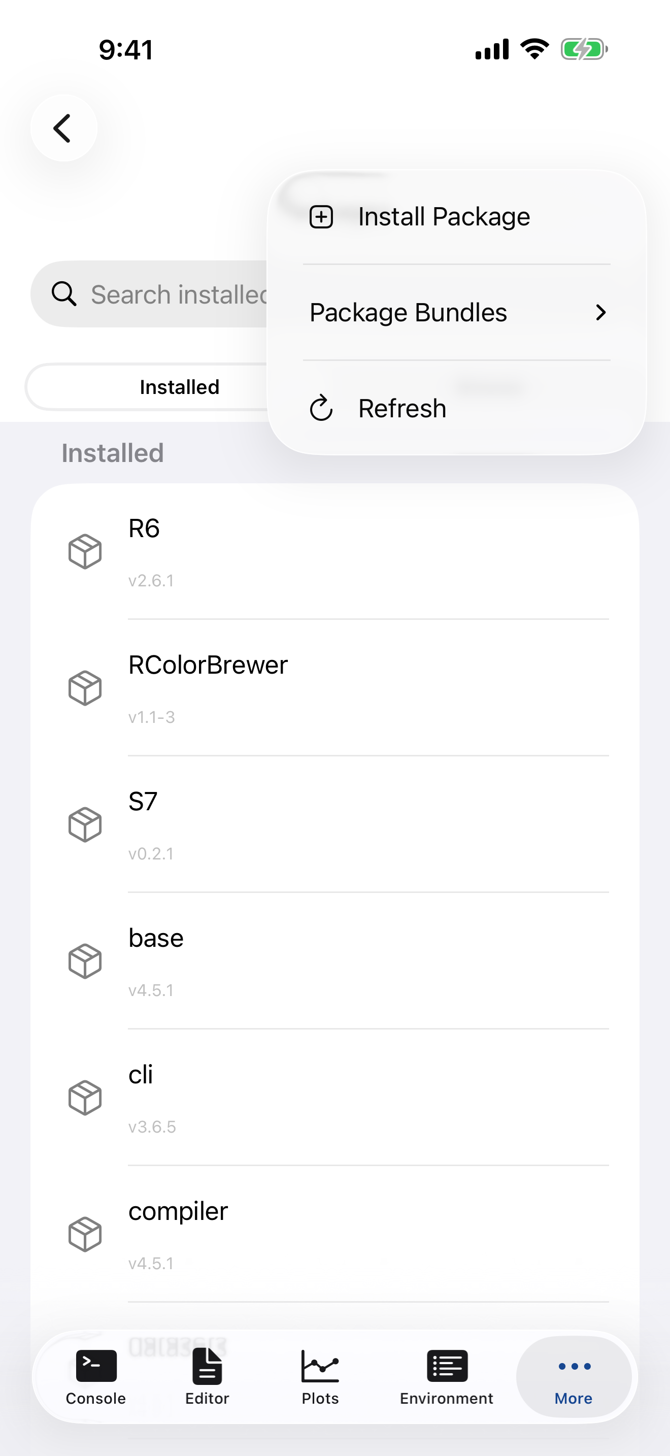 Packages menu showing Install Package option on iPhone