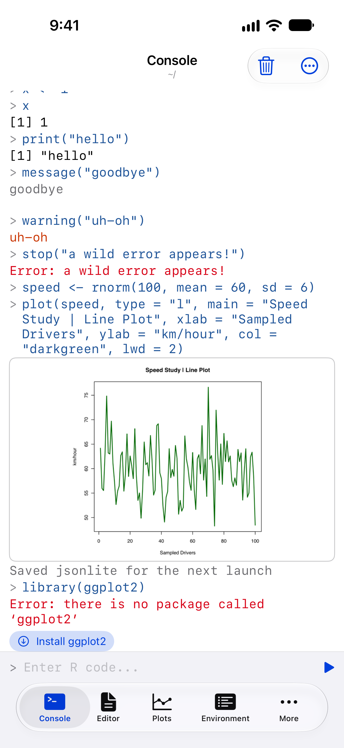 Console on iPhone showing the error there is no package called ggplot2, with an Install ggplot2 button under it