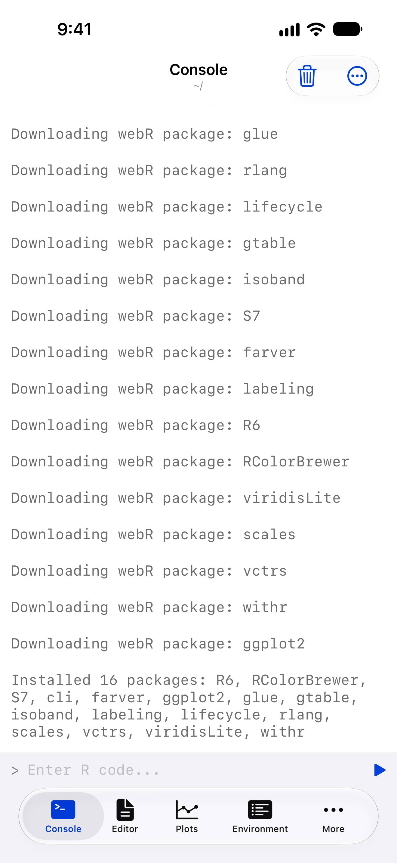 Console on iPhone with a Downloading webR package line for each dependency and then ggplot2, followed by Installed 16 packages and their names